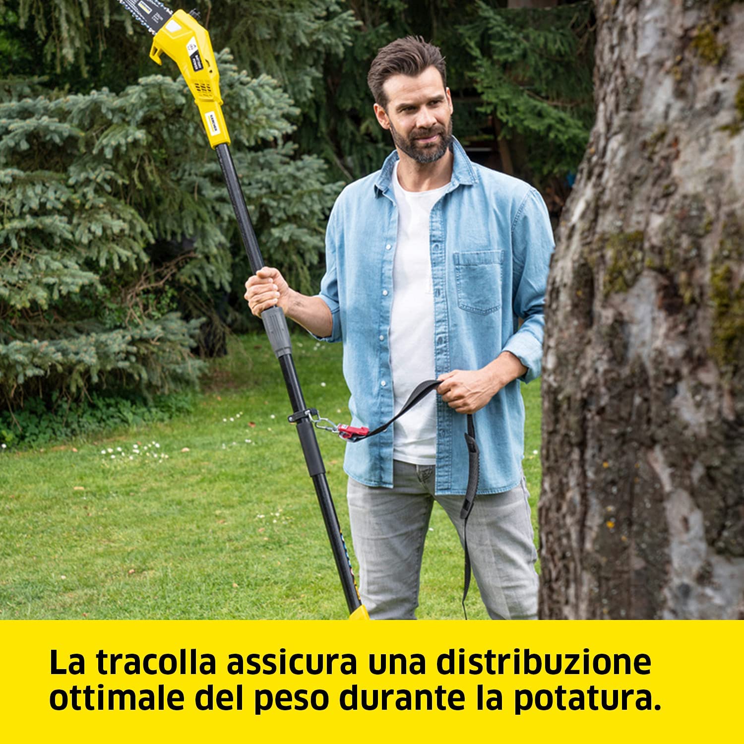KÄRCHER Seghetto telescopico a batteria PSW 18-20, barra di guida 20 cm, lubrificazione automatica catena, autonomia 80-160 tagli, utilizzabile con la batteria KÄRCHER da 18 V (non inclusa)