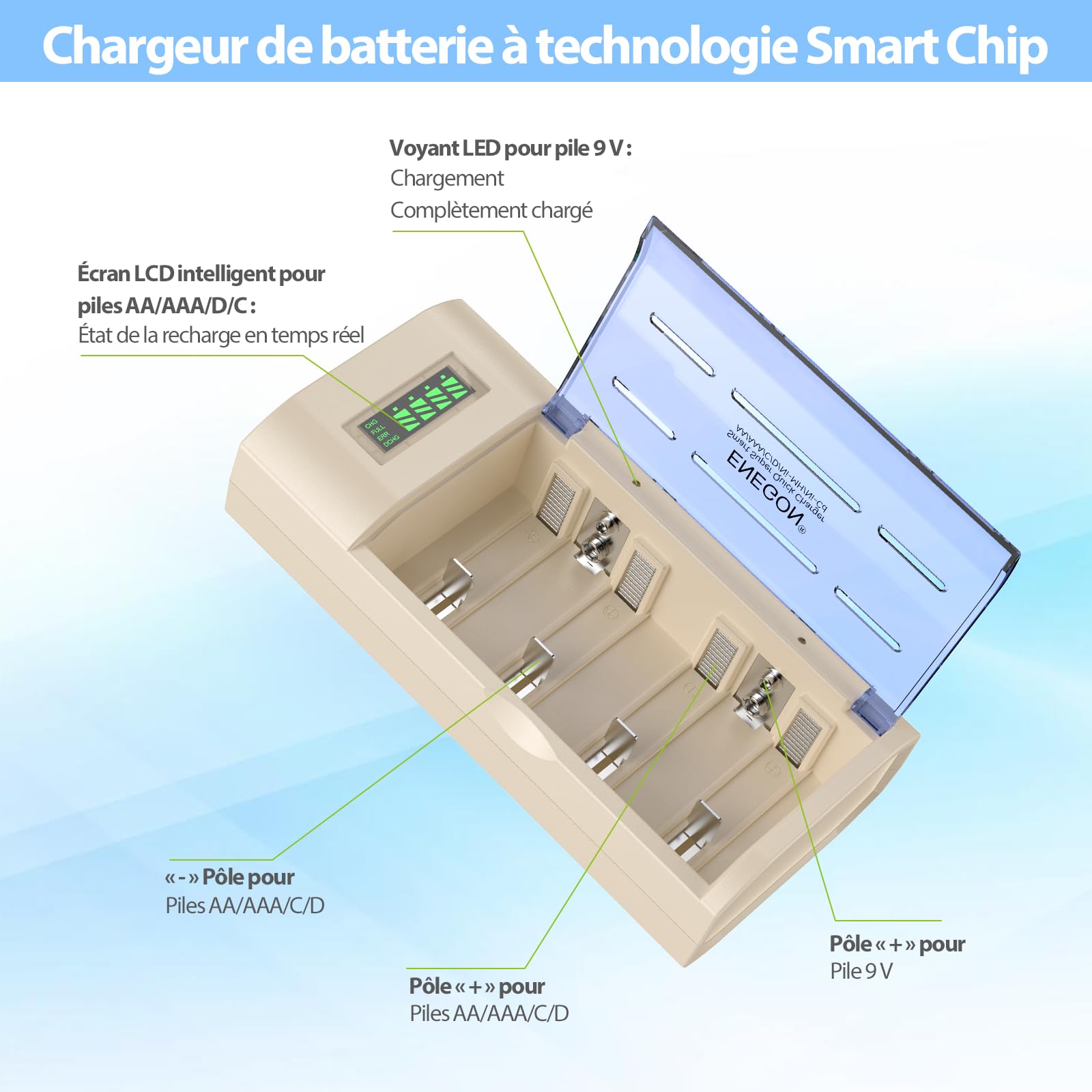 ENEGON Chargeur Universel pour Piles AA/AAA/C/D/9V NiMH/NiCD, avec écran LCD, Fonction de décharge et 4 emplacements (sans Adaptateur)