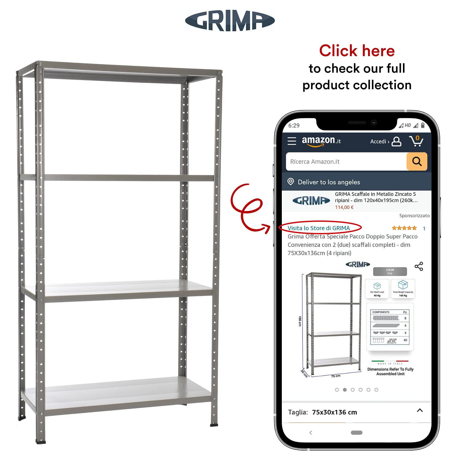 GRIMA Offerta Speciale Confezione Doppia, Confezione Super Conveniente con 2 (due) ripiani completi - dim 75X30x136cm, 4 ripiani regolabili (40 kg per ripiano, totale 160 kg) Ripiano in Metallo
