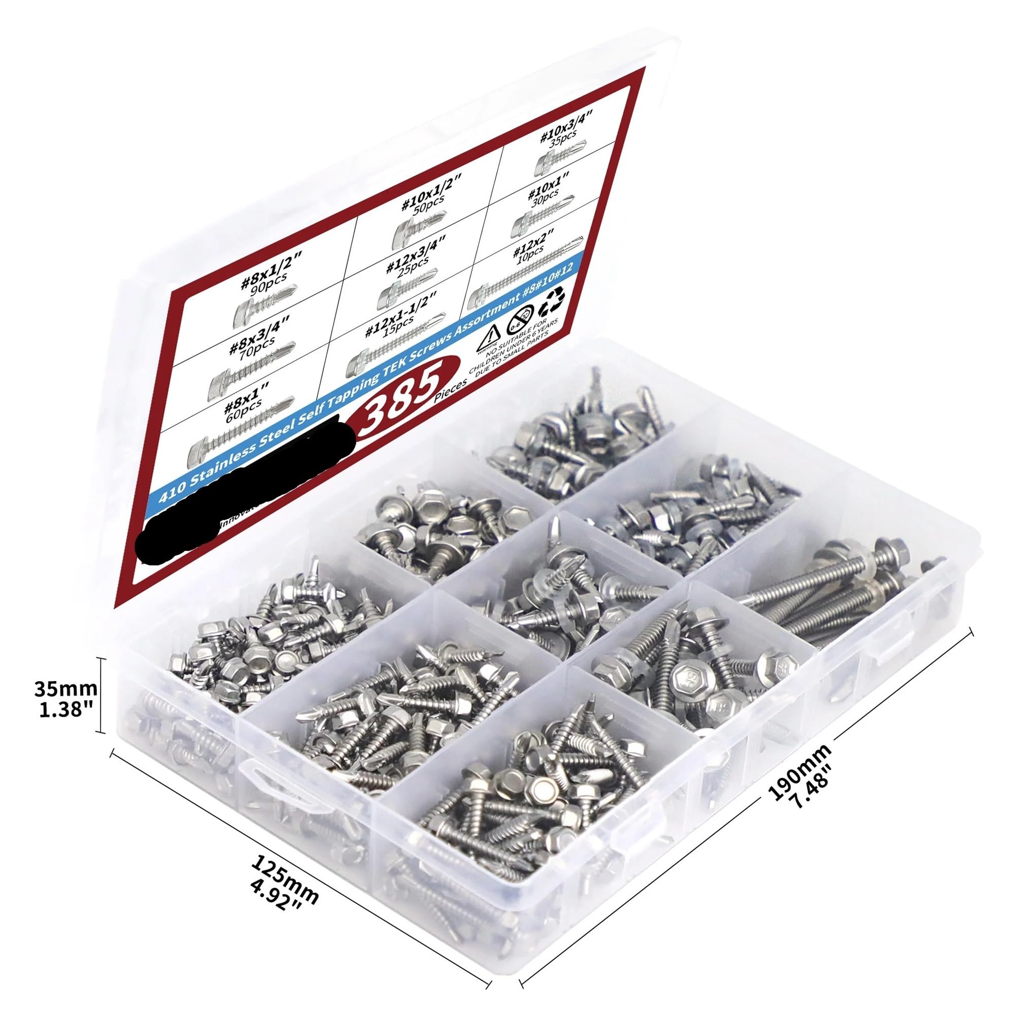 Kit assortimento di viti autofilettanti Tek in acciaio inossidabile 410 da 385 pezzi, include misure n. 8, n. 10 e n. 12, for progetti industriali e fai da te.