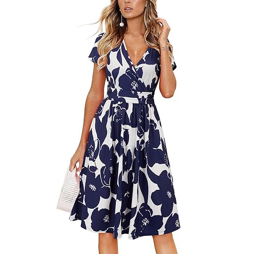 OUGES Casual Summer Dress for Women Wrap V Neck A Line Midi Dresses with Pockets