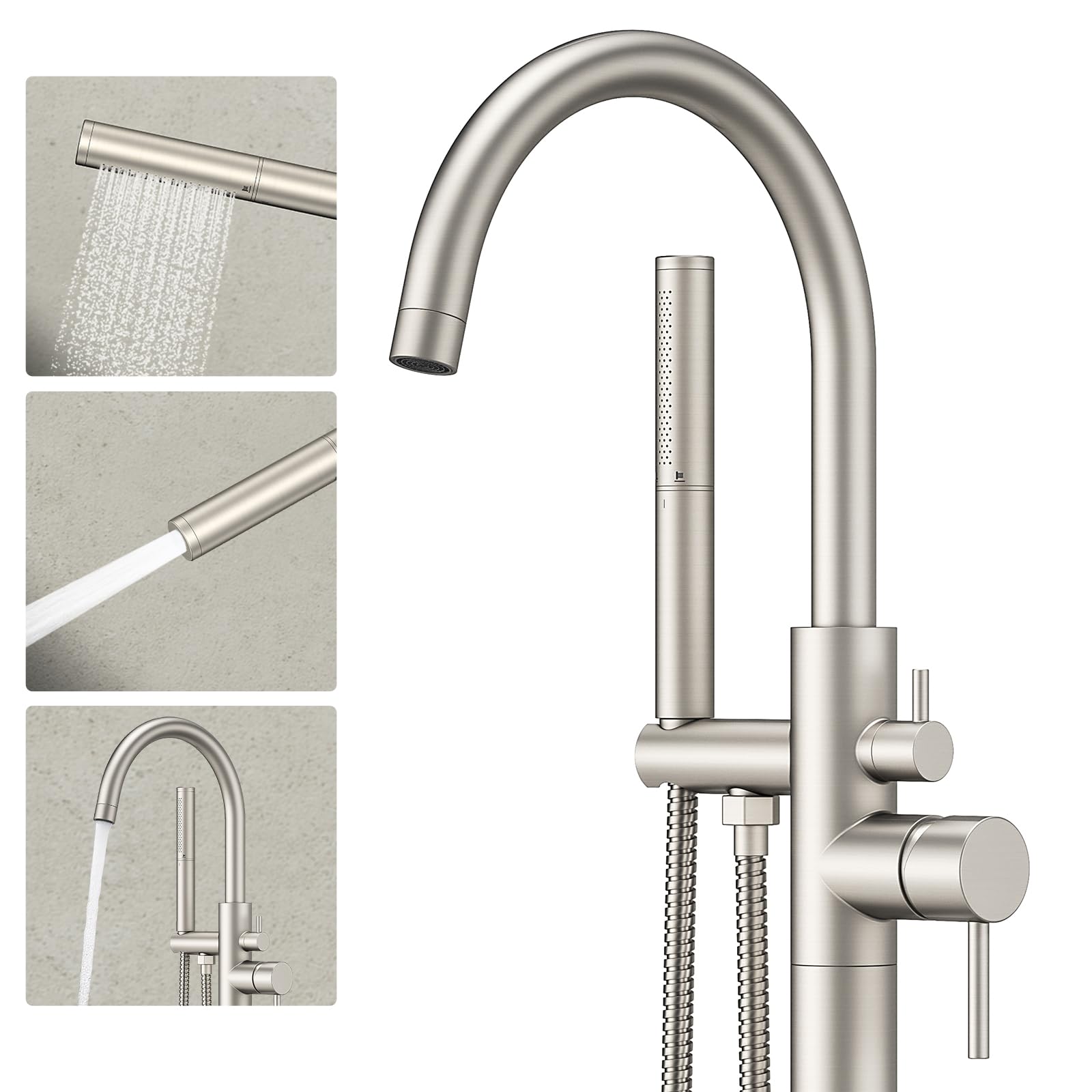 Freestanding Bath Faucet Brushed Nickel Floor Mounted Freestanding Metal Bathtub Gooseneck Spout with 2 Functions Handheld Shower
