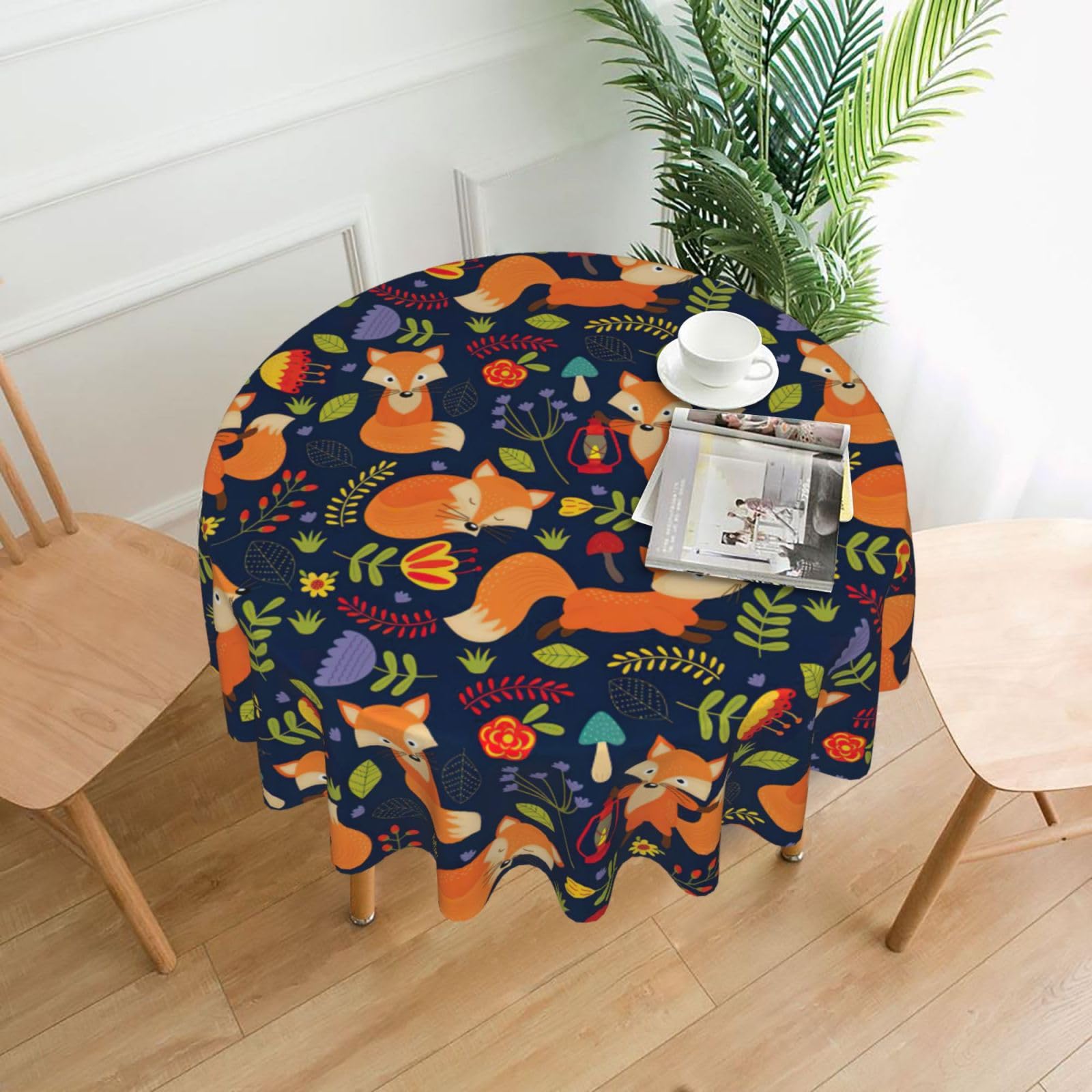 Zcmkjlg Cute Animal Fox Flower Print Quick Ship Round Tablecloth 60in Polyester Washable Cover for Dining Room
