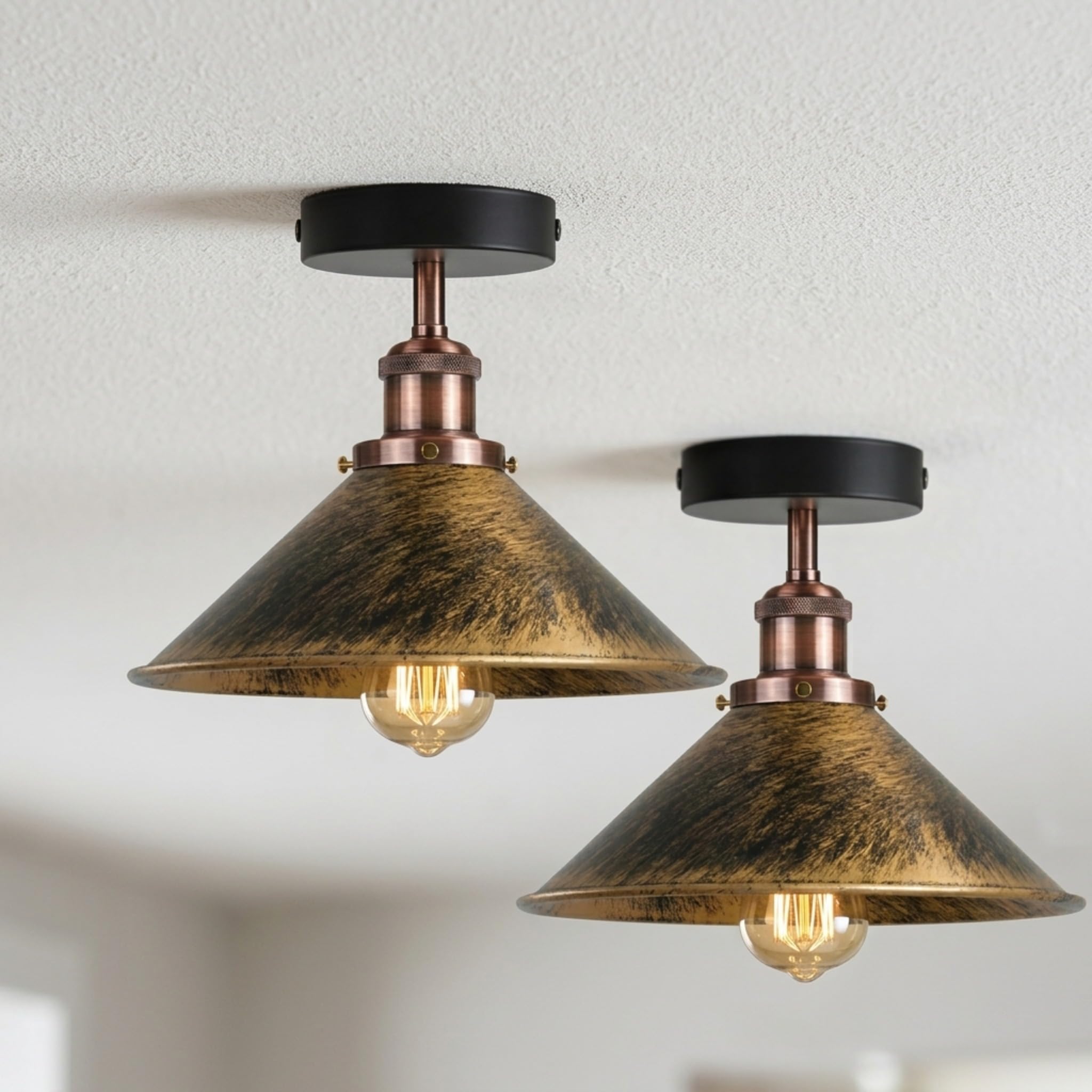 DC VOLTAGE Vintage Flush Ceiling Light with E27 Bulb Holder Metal Cone Lamsphade Easy Fit Light Fitting Ceiling for Living Room, Bedroom, Kitchen, Hallway Brushed Copper No Bulb โ image 1