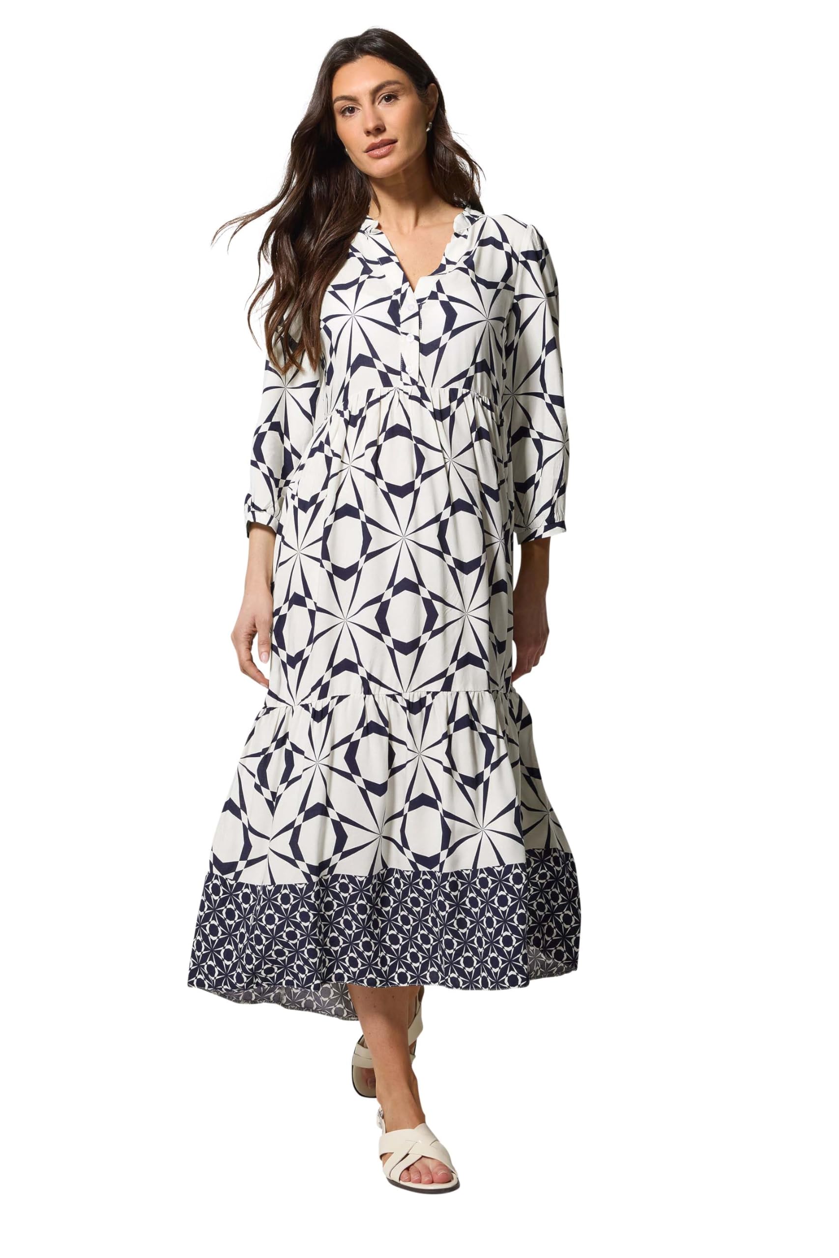 M&Co Women's White Geometric Print Tiered Maxi Dress In Size 14
