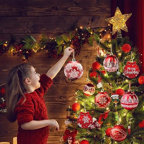 Miniatura 7 de 12 adornos de madera de Navidad, bolas de regalo rojas, decoración de árbol de Navidad, copos de nieve, adornos colgantes con diseño de impresión de