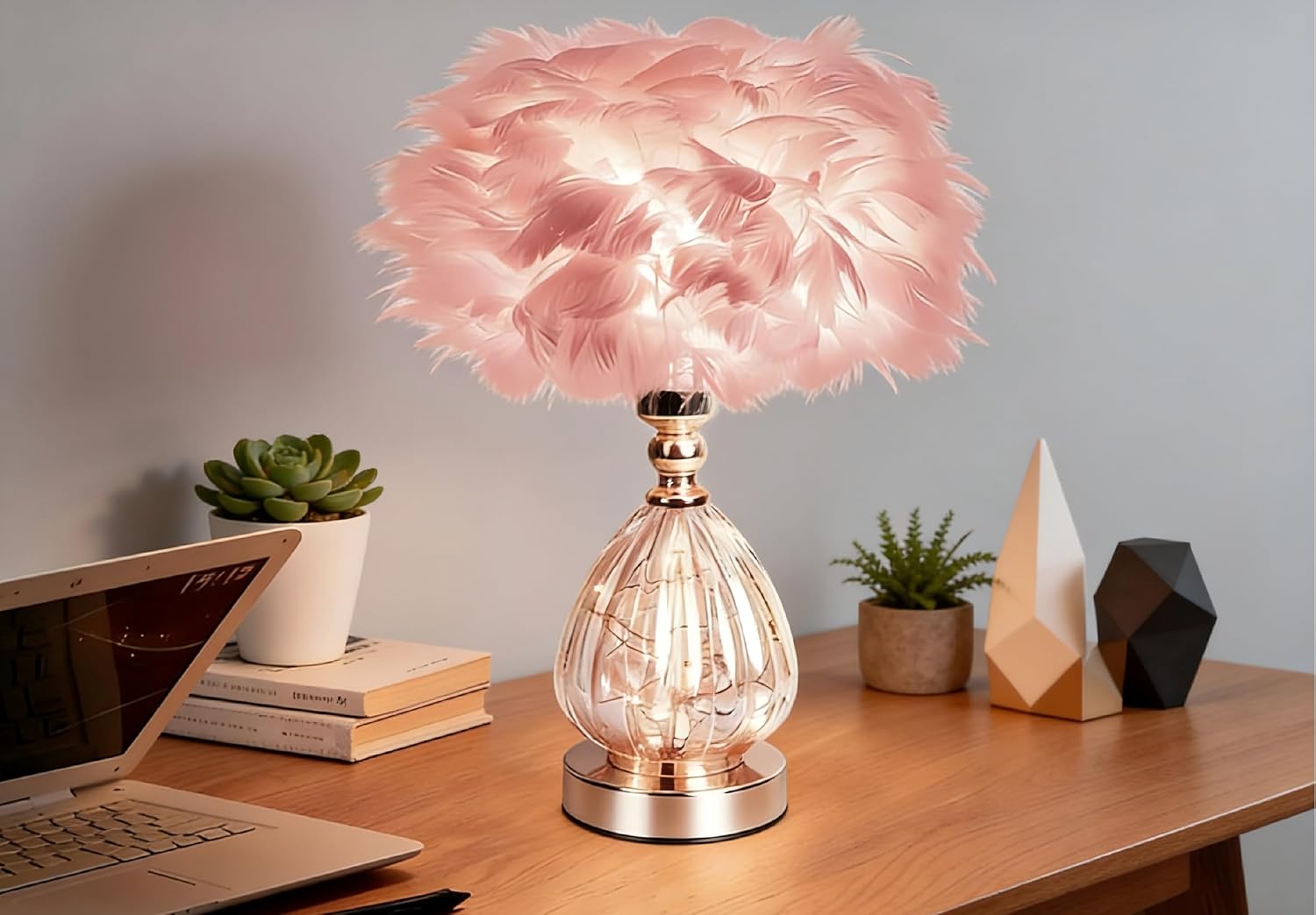 Feather Lamp with 3 Color Temperatures, LED Flicker-Free Soft Illumination, Modern Decor for Bedroom Home Office Desk, Pink