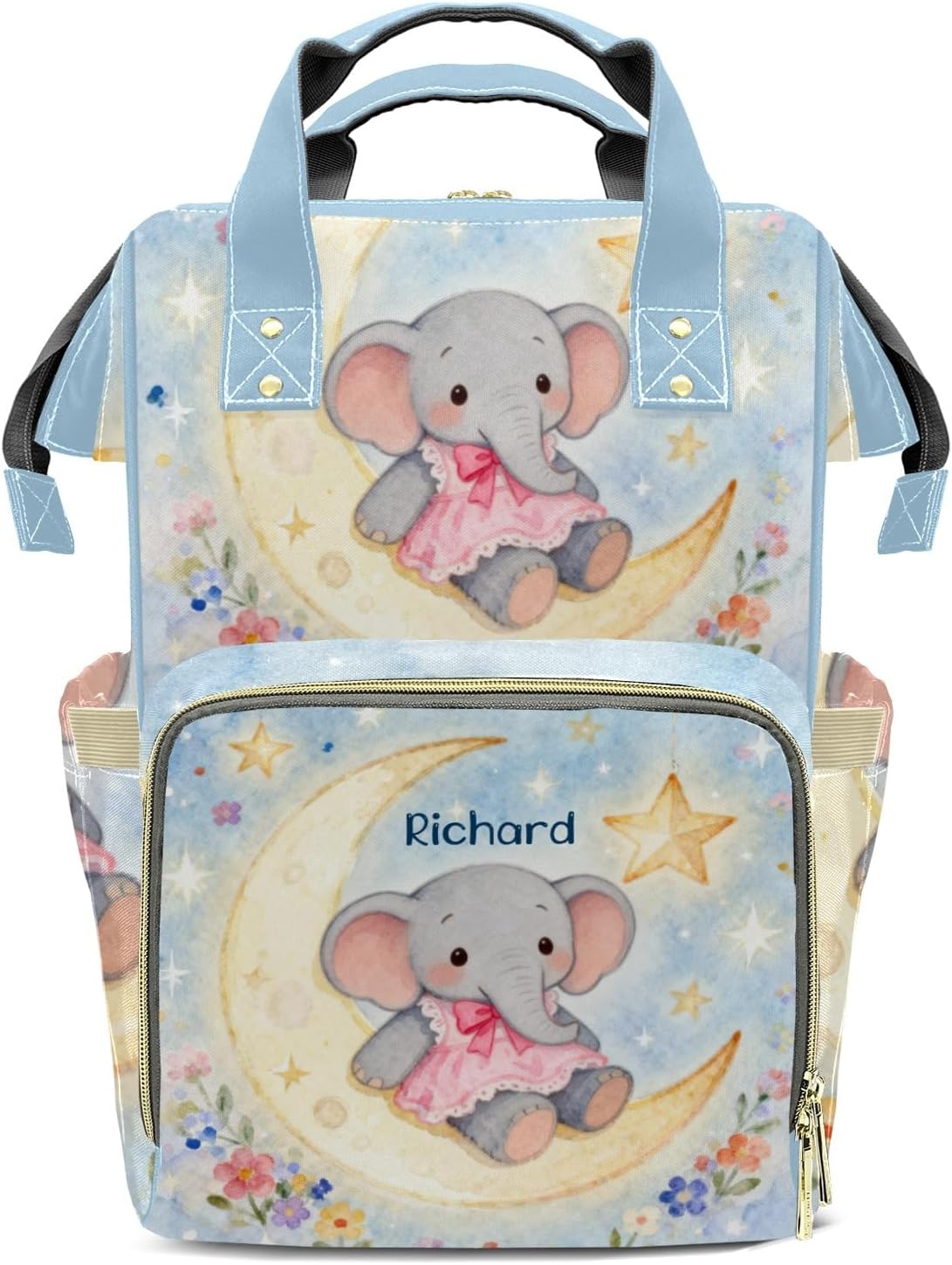 Personalized Cute Elephant Moon Diaper Bag with Name,Customized Nappy Backpack with Thermal Pockets Multi-function Baby Bags Mommy Backpack for Girls Boys