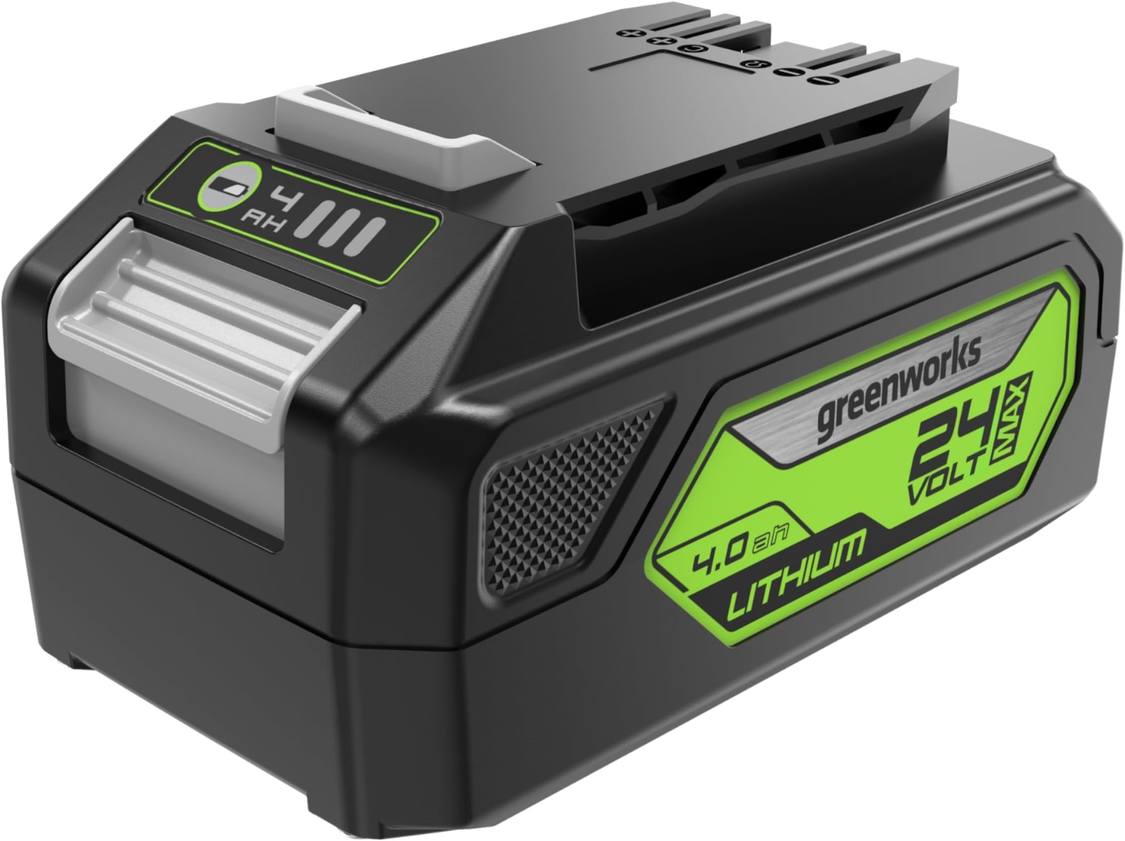 24V Battery. Original Greenworks Rechargeable Powerful Battery. Suitable for All 24V Garden Tools. 4 Ah Lithium-Ion Battery. Fast Charging, 3-Stage charge level. 2 Year Warranty G24B4