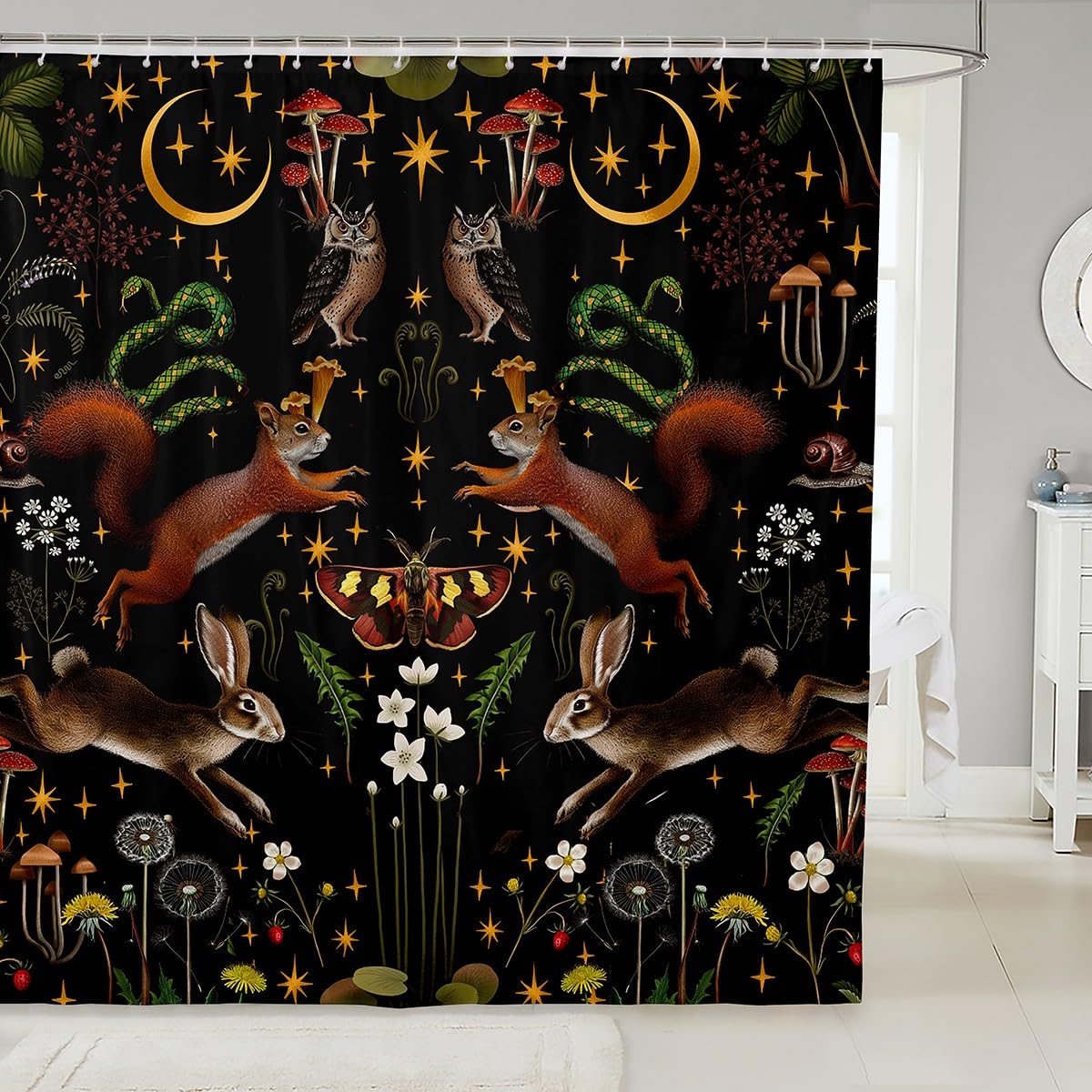 Wild Animals Shower Curtain - Kids Teens Room Decor - Mushroom Flowers Leaves Nature Plants Waterproof Bath Curtain, Black Vivid