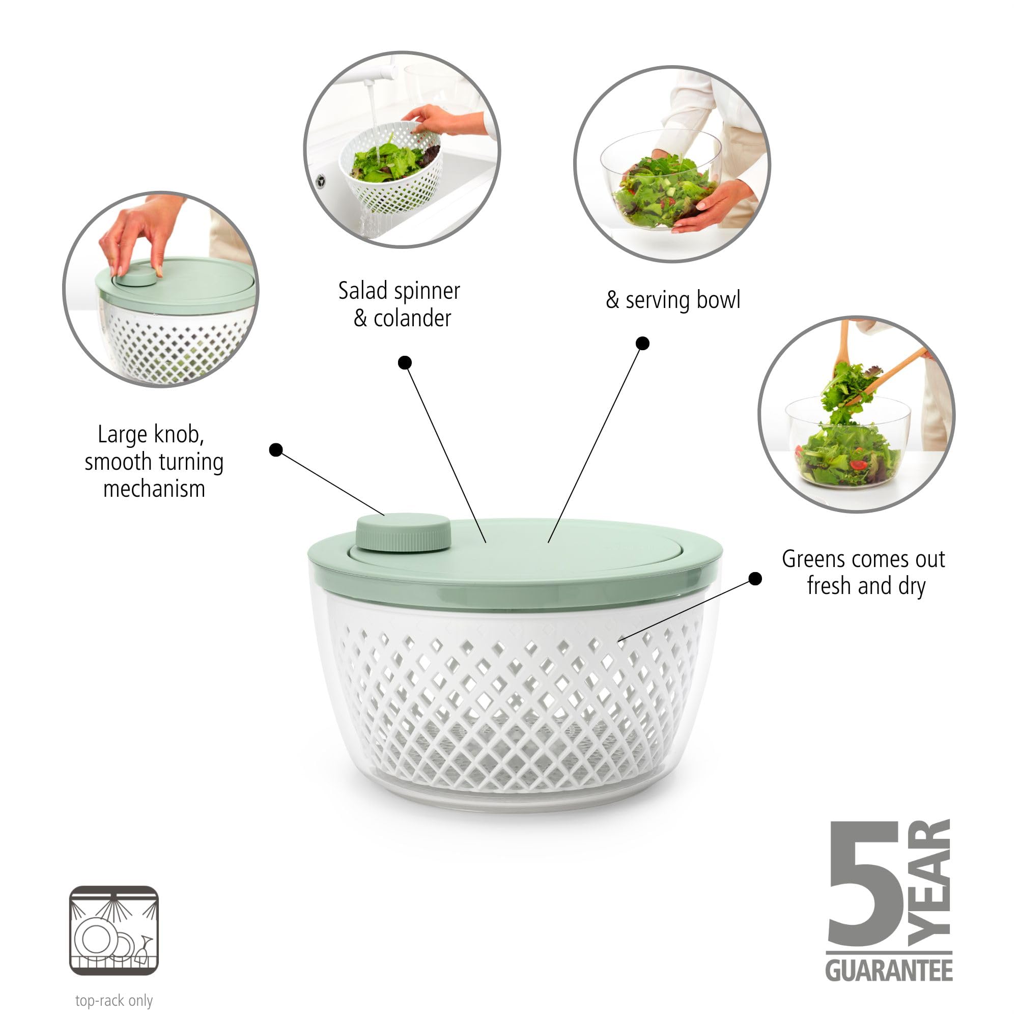 Centrifugadora de ensaladas con bol para servir y colador TASTY+ Brabantia | Seca verduras frescas y bayas con base antideslizante | Plástico reciclable, apto para lavavajillas y duradero | Jade Green