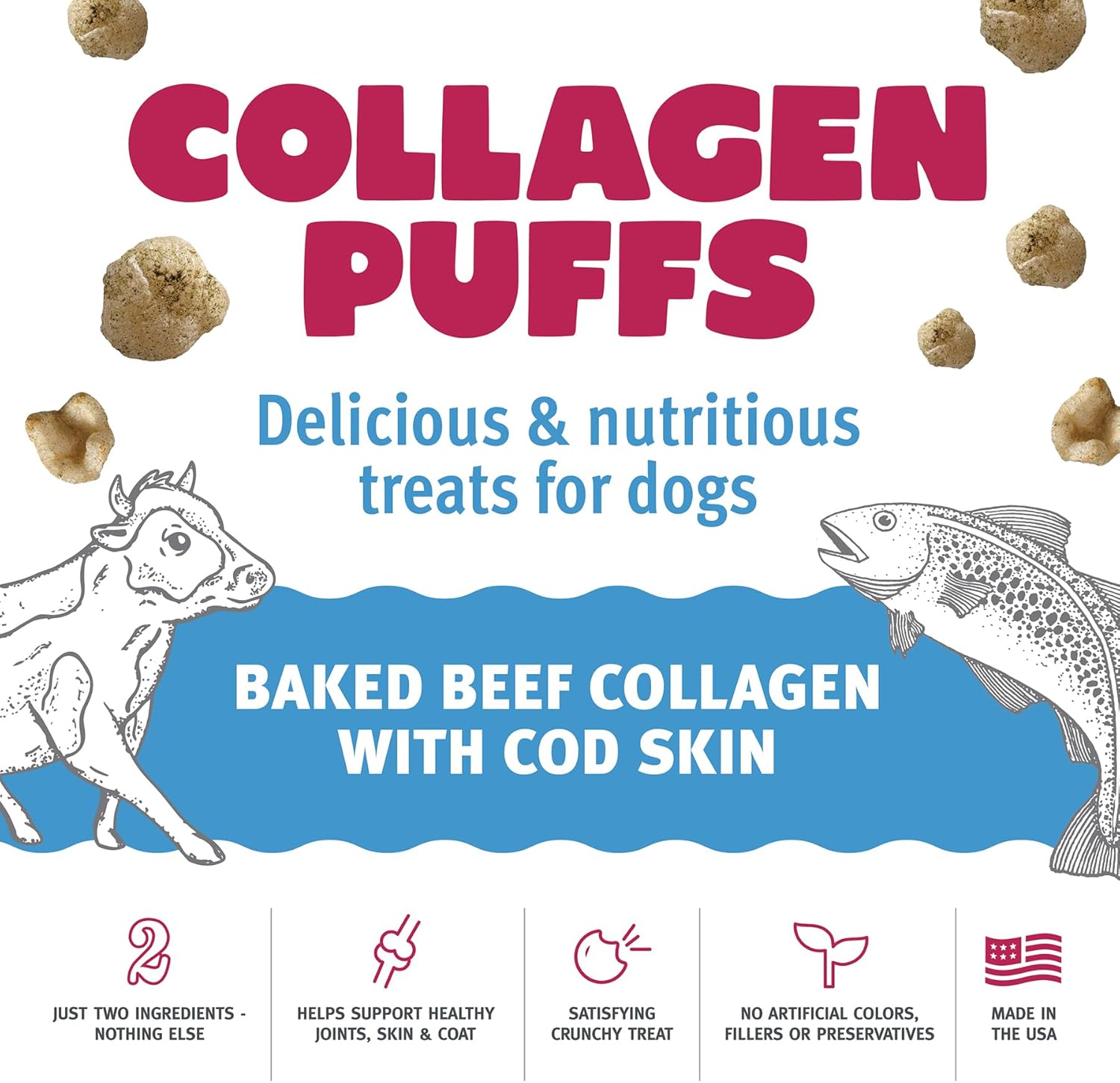 Icelandic+ Collagen Puffs: Baked Beef Collagen with Cod Skin 2.5oz - Treats for Med-Lg Dogs, Crunchy Protein Bites (Pack of 2)
