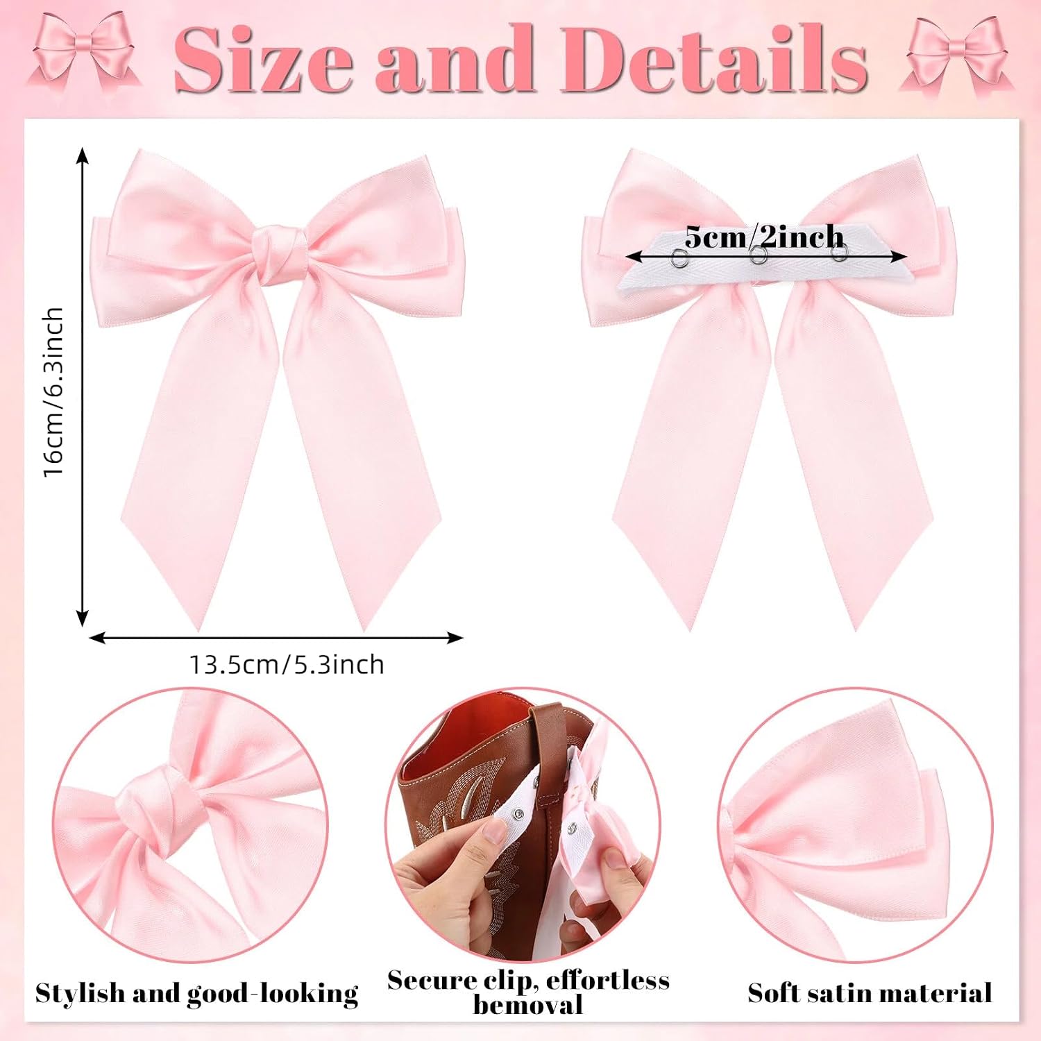 Xinnun 4 Pcs Pink Bow Boot Charms Removable Shoe Decor Clips for Cowboy Boots, DIY Accessories for Wedding Party Gifts (Snap Button)