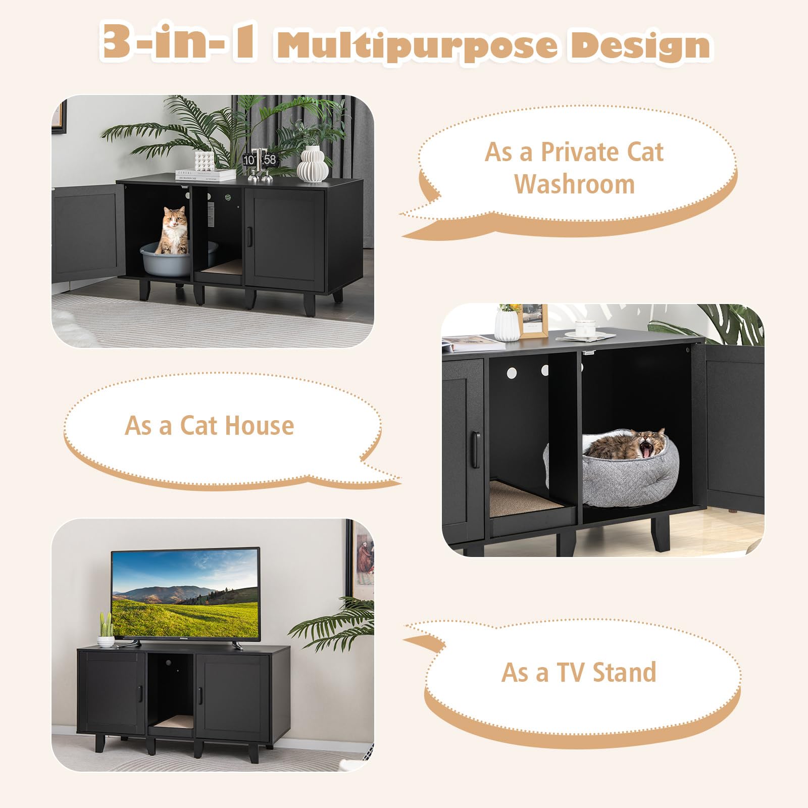 SOARS Mobile Lettiera per Gatti con 2 Ante, Armadio per Gatto in Legno con Ingresso Centrale e Tiragraffi, Grotta Rifugio Multiuso per Soggiorno e Camera da Letto, 120 x 52 x 65 cm (Nero)