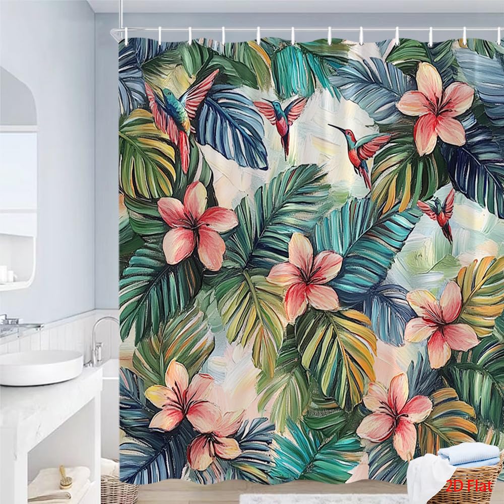 Glwdmb V-19 1 Piece 180X200cm Pink Hibiscus And Colorful Hummingbirds Pattern Printed Shower Curtain With Hook, Polyester, For Windows And Walls, Bathtub, Bathroom, Machine Washable, All Season Universal