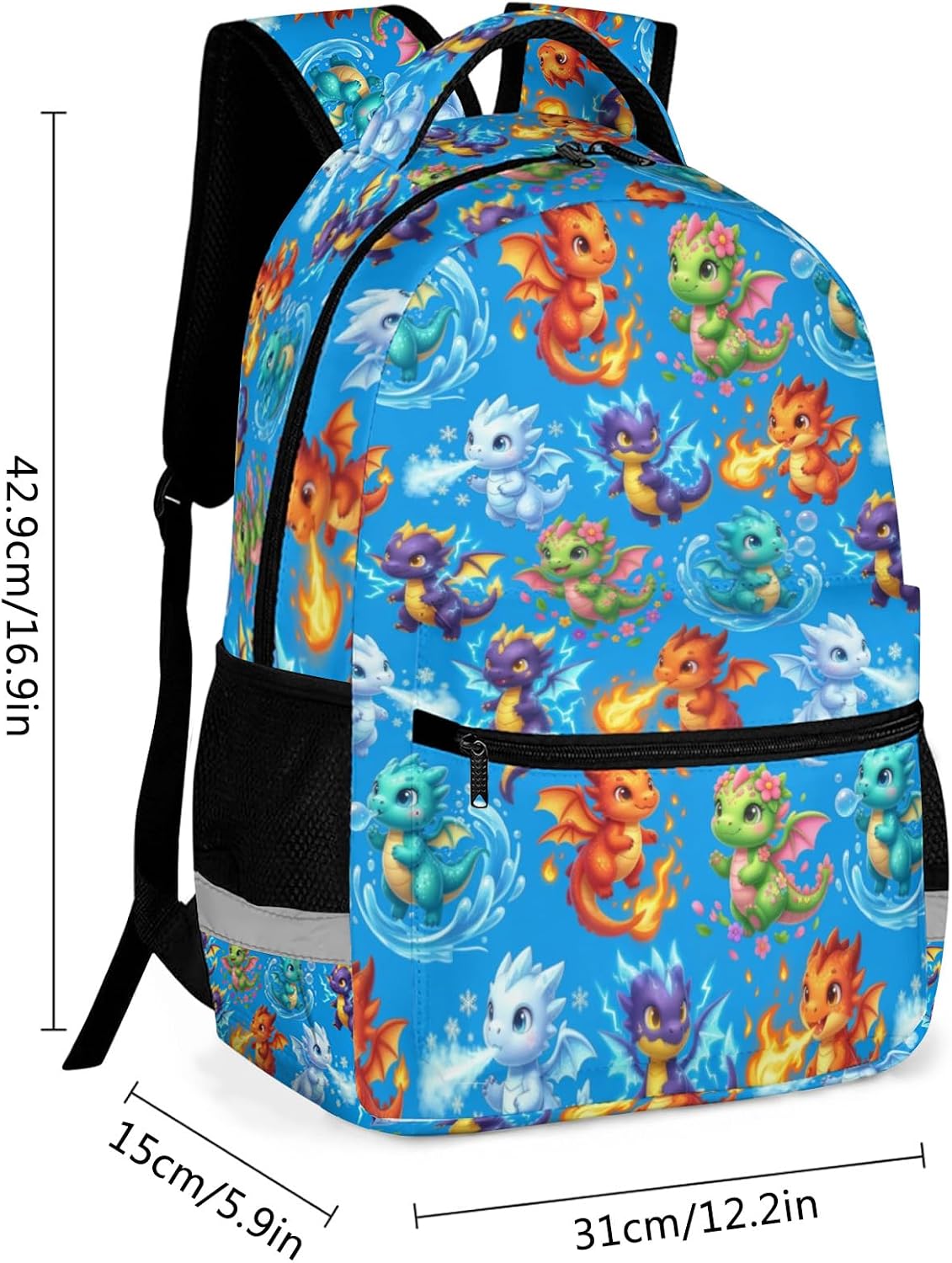 GNEW Kawaii Baby Dragon Backpack for Kids, Colorful Fire Ice Water Lightning Elements School Bag with Reflective Strip, Fun Cartoon Bookbag for Boys Girls Elementary Middle School, 17 Inch, Blue image 2