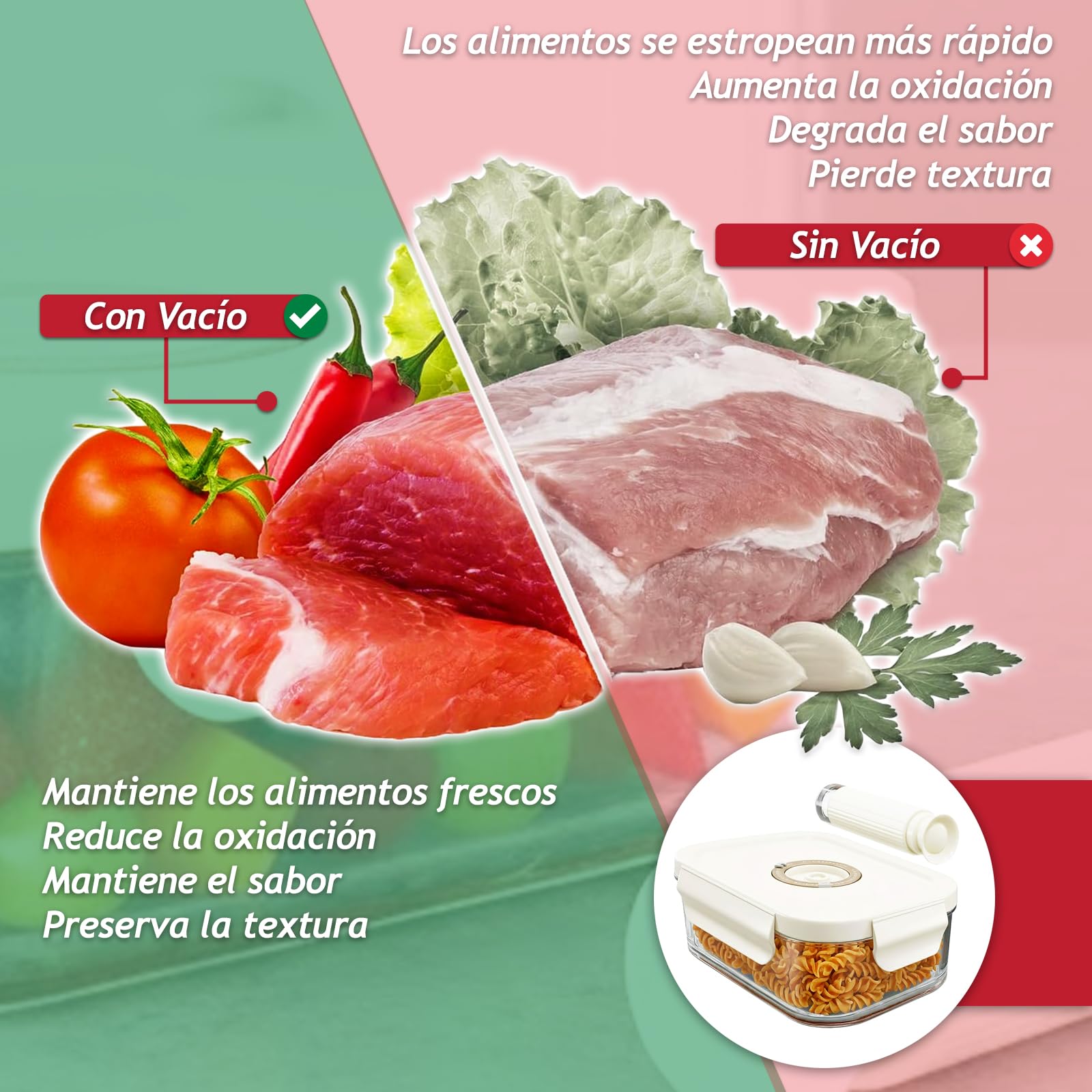 SPARES2GO Recipientes de vidrio para almacenar alimentos al vacío con tapas de cierre hermético (paquete de 5, medianos, 1040 ml) + bomba de sellado manual