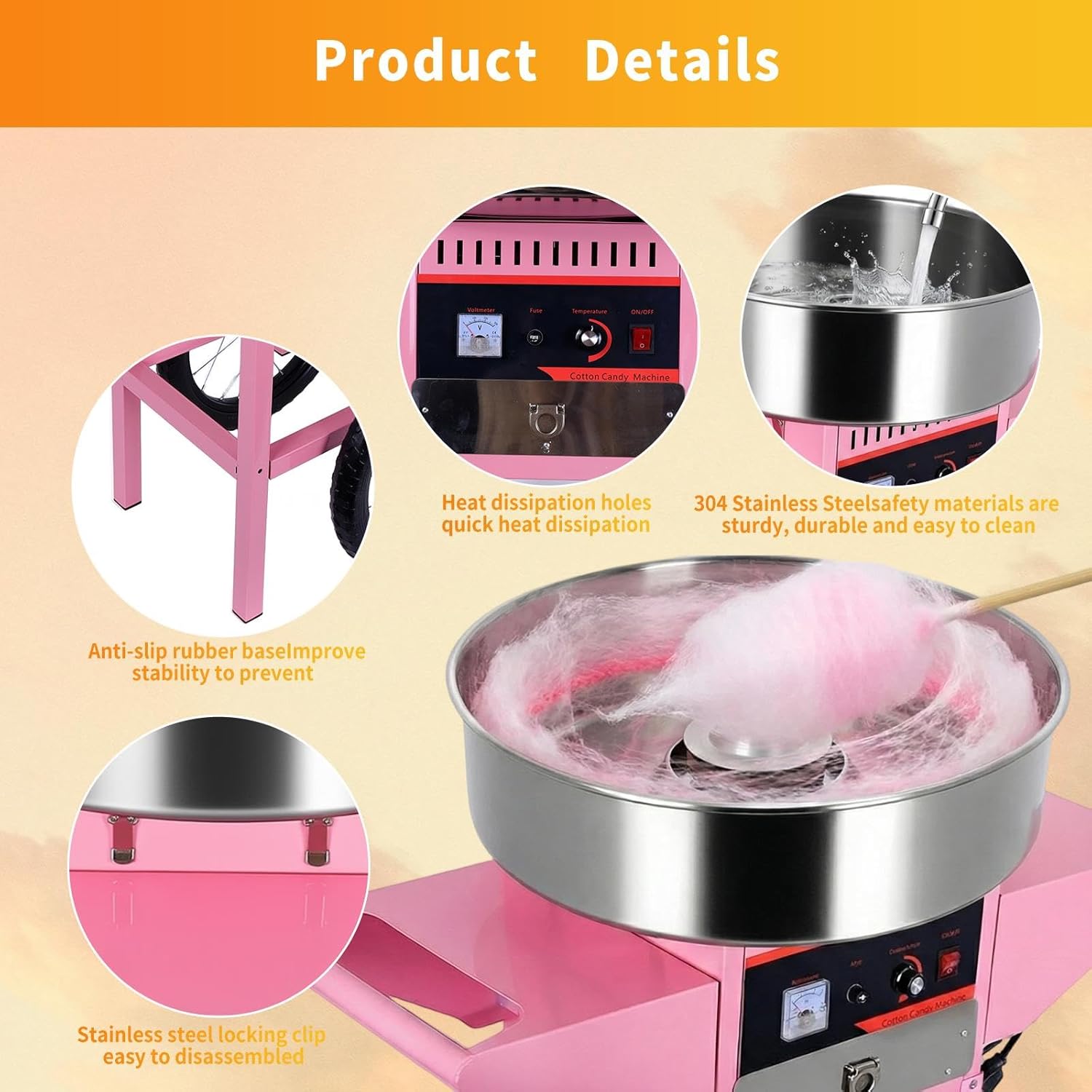 1000W High-Speed Cotton Candy Maker, 3000R/M with 20in Stainless Steel Sugar Bowl, Includes Sugar Scoop and Storage Drawer, for Commercial and Home Use