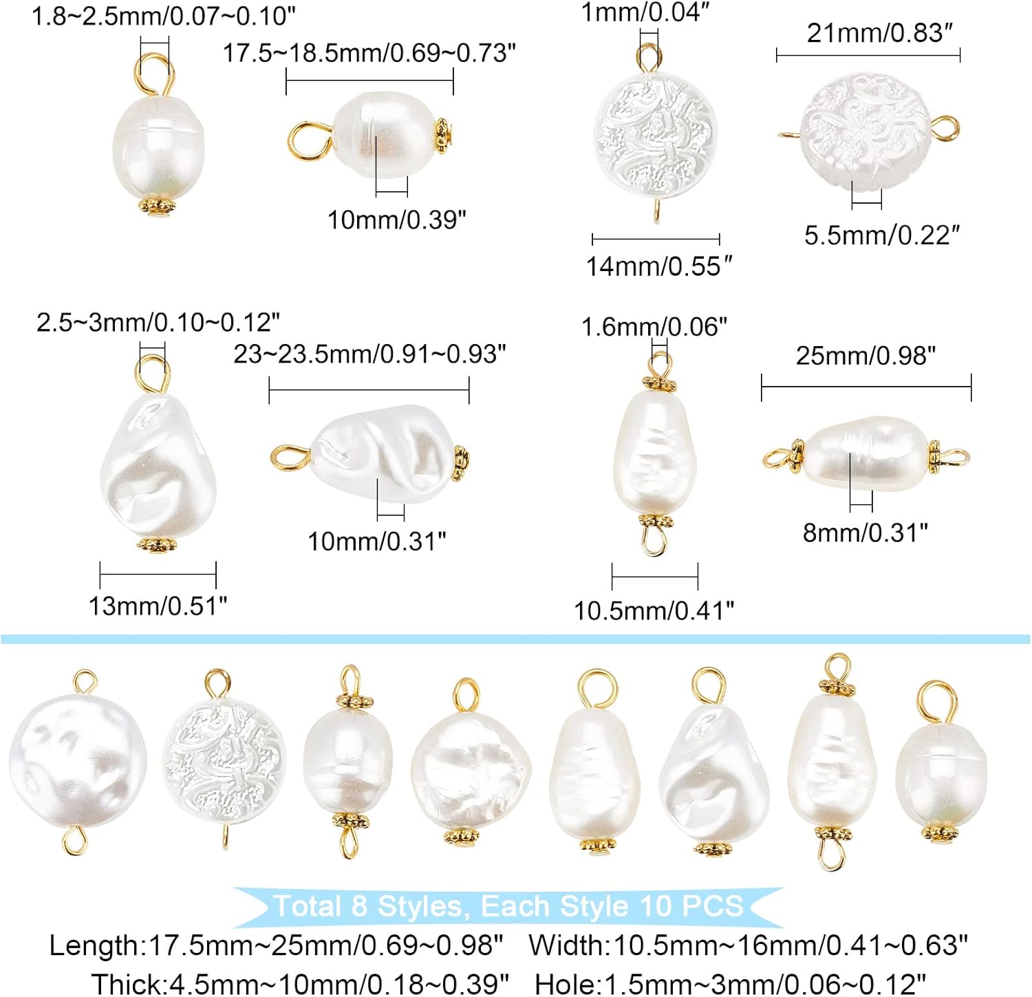 PandaHall 80Pcs Pearl Pendant Connectors, 8 Style Irregular Pearl Bead Links White ABS Plastic Pearl Bead Pendants Pearl Acrylic Links with Golden Pins for Earring Bracelet DIY Jewelry Making