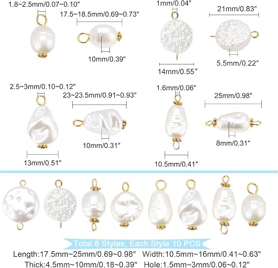 PandaHall 80Pcs Pearl Pendant Connectors, 8 Style Irregular Pearl Bead Links White ABS Plastic Pearl Bead Pendants Pearl Acrylic Links with Golden Pins for Earring Bracelet DIY Jewelry Making