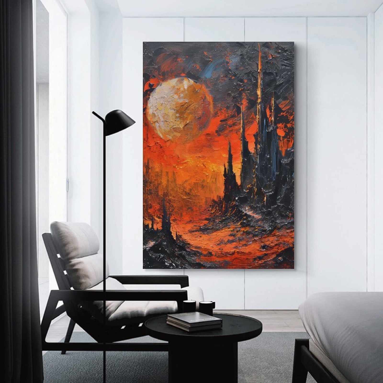 Junmoney Unframe-Style-23-1 Wall Picture Print Fiery Landscape With Dark Towers, 08X12inch(20X30cm), For Living Room, Lounge Or Sitting Room, Modern Wall Decor For Cosy Interiors