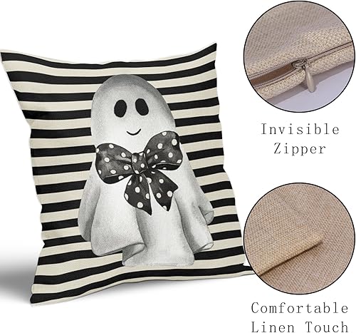 Miniatura 4 de Juego de 2 fundas de almohada de fantasmas de Halloween de 18 x 18 pulgadas, con estampado de rayas y lazos, para exteriores, color negro y crema,