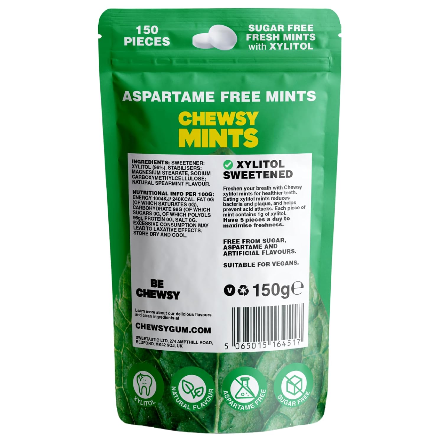 Chewsy Mints Spearmint | Sugar Free Xylitol Mints | Aspartame Free | Natural Flavors | Vegan 150g, 150 Pieces (Bag of 1)