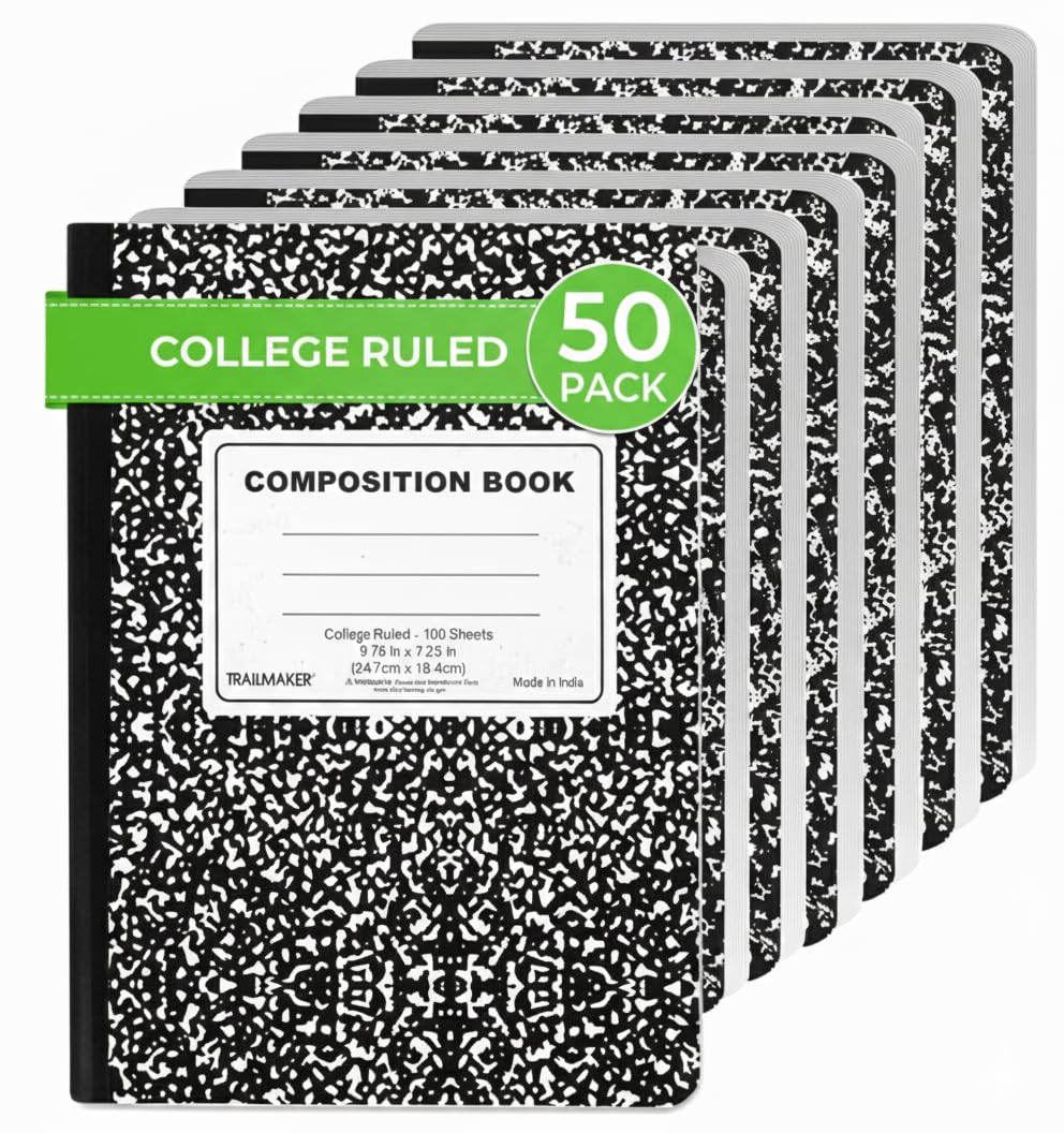 Trail maker Bulk Composition Notebooks (50 Pack), College Ruled Marble Cover, 200 Pages (100 Sheets), 9.75 x 7.5, Bulk School Supplies for Classroom, Office & School Donations