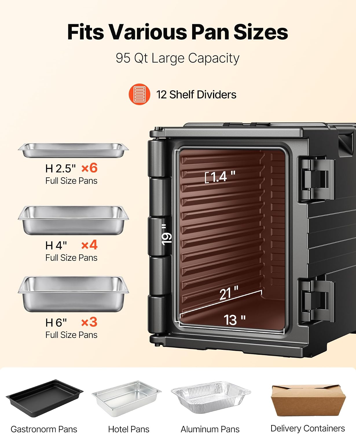 VEVOR Insulated Food Pan Carrier, 95 Qt Hot Box for Catering, LLDPE Food Box Carrier w/Double Buckles, Front Loading Food Warmer w/Handles, Stackable End Loader for Restaurant, Canteen, etc. Black