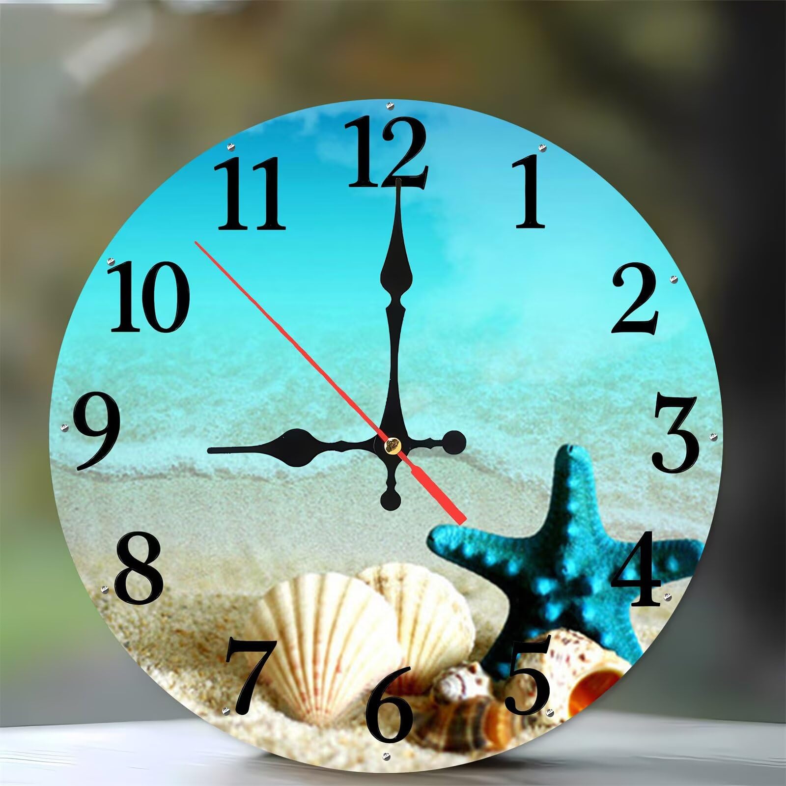 Horloge murale en bois 35 cm au motif étoile de mer bleu beach pour une décoration côtière