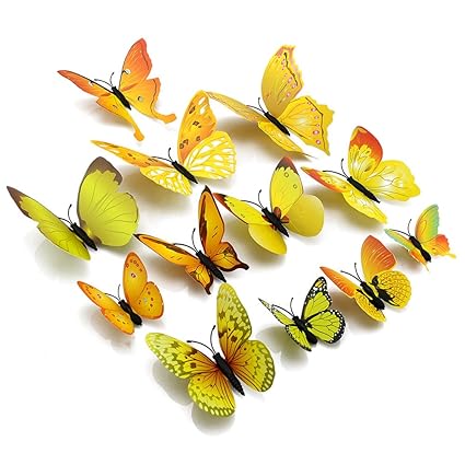 Liv'Oliv 12 Pcs 3D Metal Butterfly Wall Stickers (Yellow)