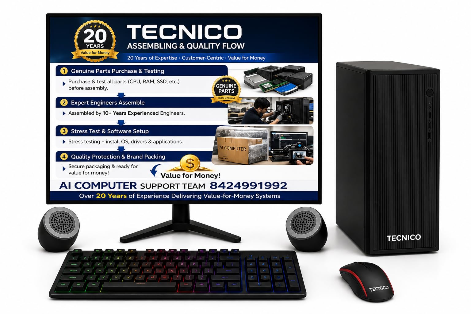 TECNICO Victory Desktop CPU Set, Core I3 2120 2.2GHz, 8 GB DDR3 RAM, 128 GB SSD, RGB Keyboard Mouse Set, WiFi 6, Bluetooth, Speakers, (Include Monitor 20" Led) — Amazon image 4
