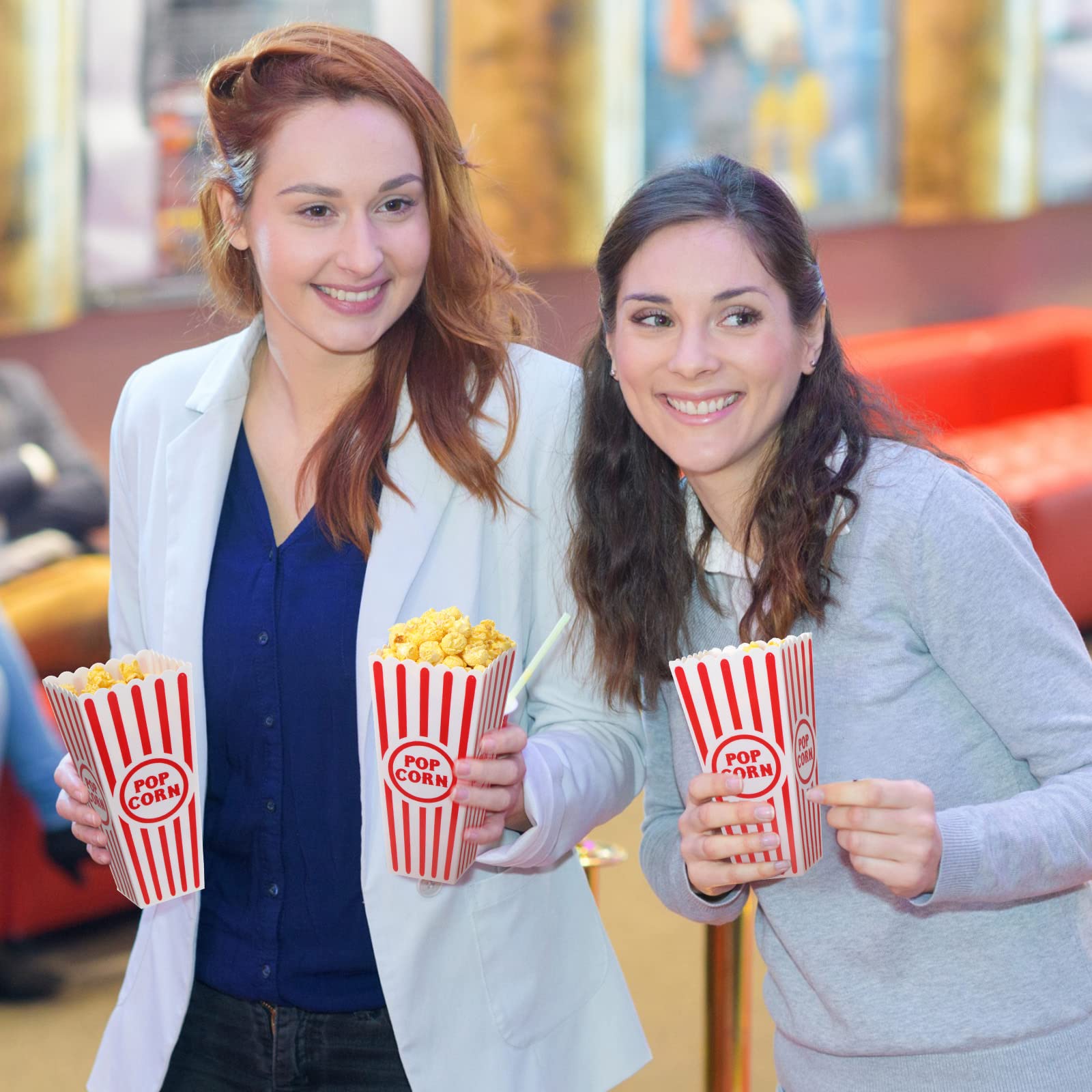 Cajas de plástico reutilizables para palomitas de maíz con parte superior abierta, cubos de palomitas de maíz a rayas rojas y blancas a granel para noche de películas, estilo retro clásico, 7.7 x 3.9