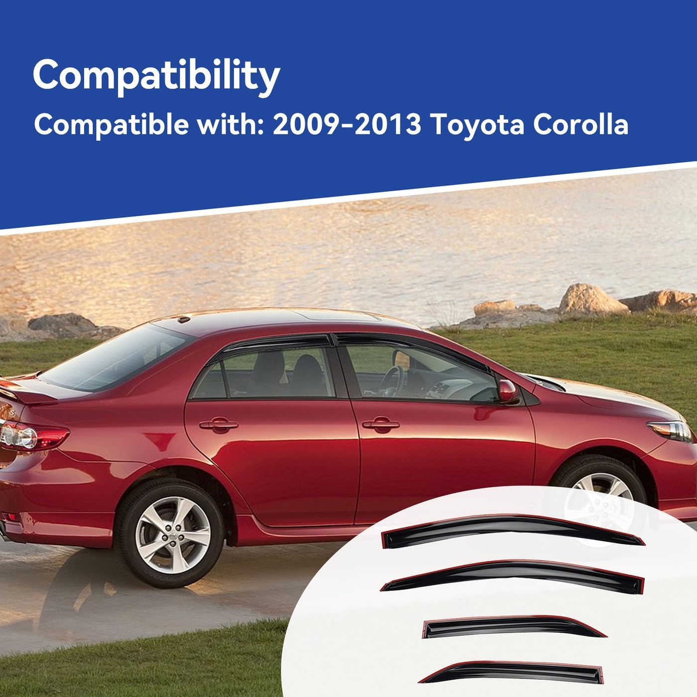 Window Rain Guard Compatible with 2009-2013 Toyota Corolla, 4pcs JDM 3D Wavy MU Style Window Visors Outside Mount Type Dark Smoke Tint Tape-On Side Sun Guards Set of 4