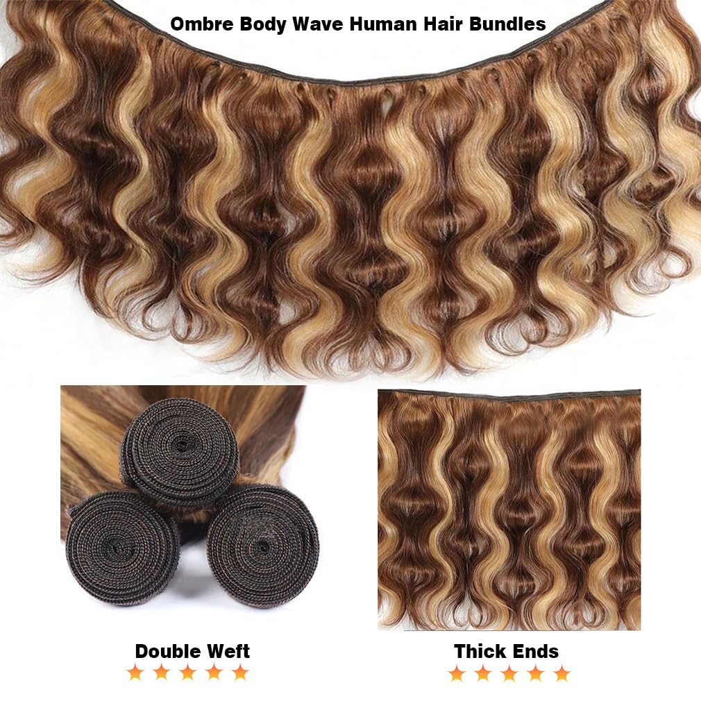 Honey Blonde Highlight Bundles P4/27 Ombre Human Hair Body Wave 12A Colored Bundles 100% Brazilian Virgin Human Hair Wavy Sew In Piano Color Highlight 3 Bundles 26 28 30 Inches