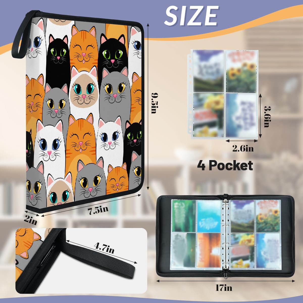 Raccoglitore per carte collezionabili con 4 tasche, con stampa di gatti, con maniche rimovibili, impermeabile, con cerniera, 50 pagine, capacità 400 carte