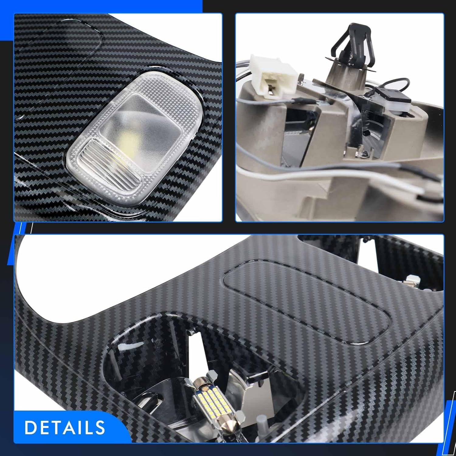 Front LED Overhead Console Assembly Fit for Dodge Ram 1500 2500 3500 2002-2010 - Cab Interior Ceiling Dome Reading Light - Map lights Lamp - Replaces# 1DK78BD1AA - Carbon Fibre