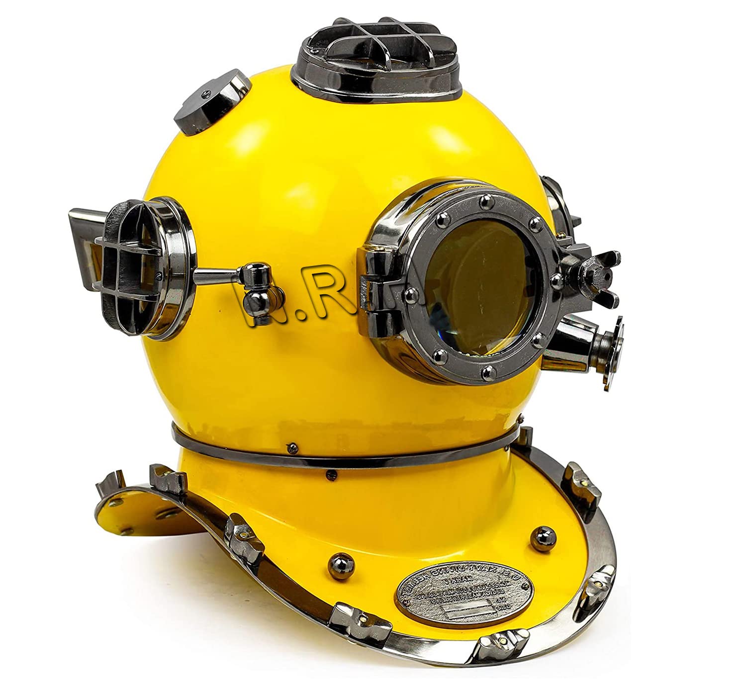 Casco de Buceo de 18 Pulgadas US Navy | Cascos Decorativos de Buceo de Cobalto con Acabado Amarillo