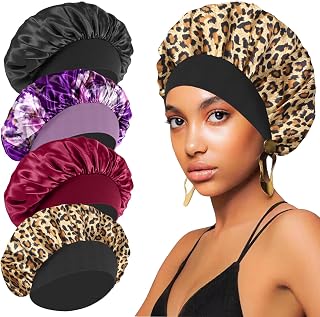 4PCS Silk Hair Bonnet for Sleeping,Hair Wrap Satin Bonnets Shower Cap for Black Women Men, Elastic Wide Band Hair Bonnet Cap for Sleeping Curly Hair(Black & Wine Red & Purple Print & Leopard Pattern)
