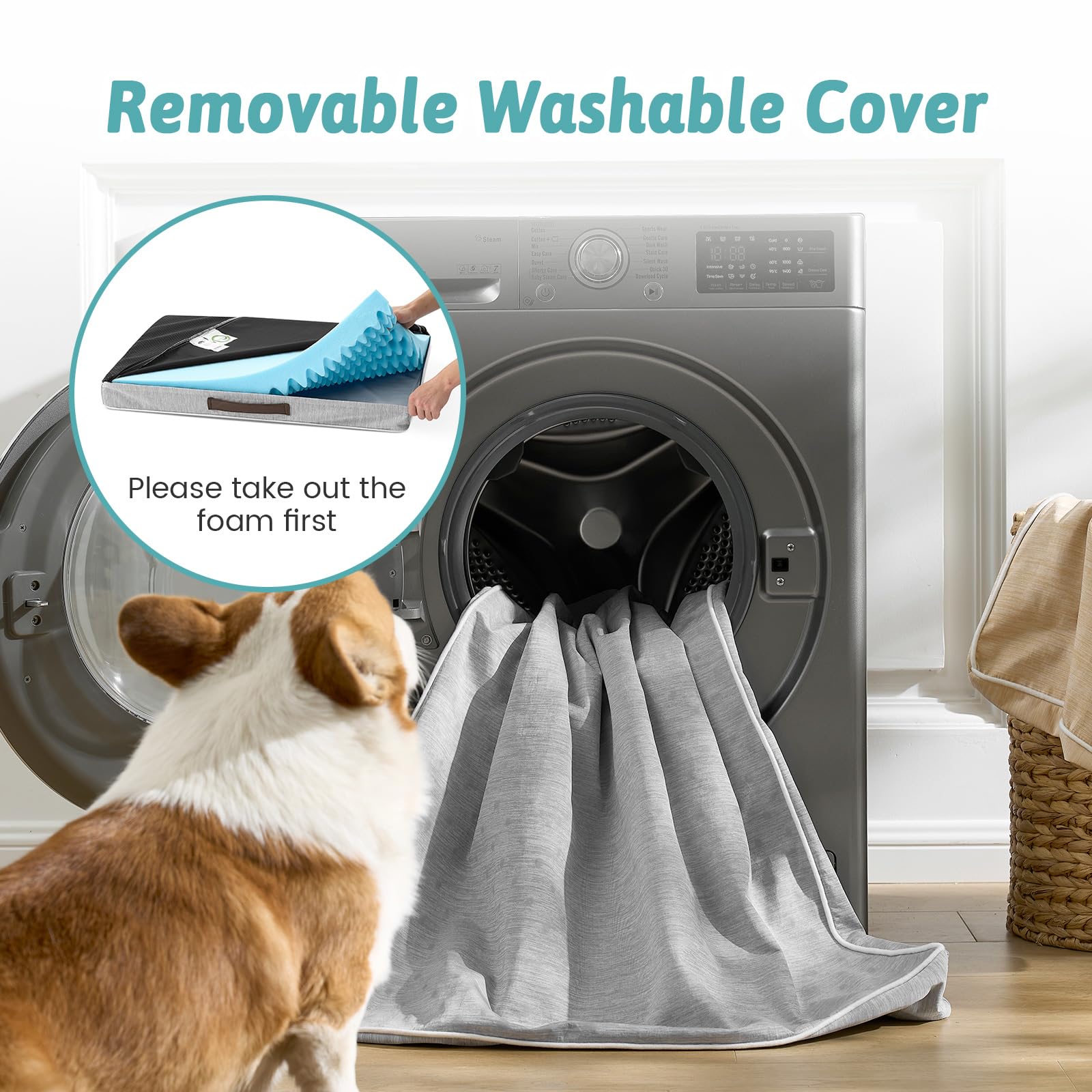 COZY KISS Cama Refrescante Perros Grandes L, Q-MAX>0.4 Cojín Ortopédico Transpirable Espuma Gel, Colchón Lavable Jaula, Funda Desmontable, Antideslizante, 91x69x7.5cm, Gris Plata