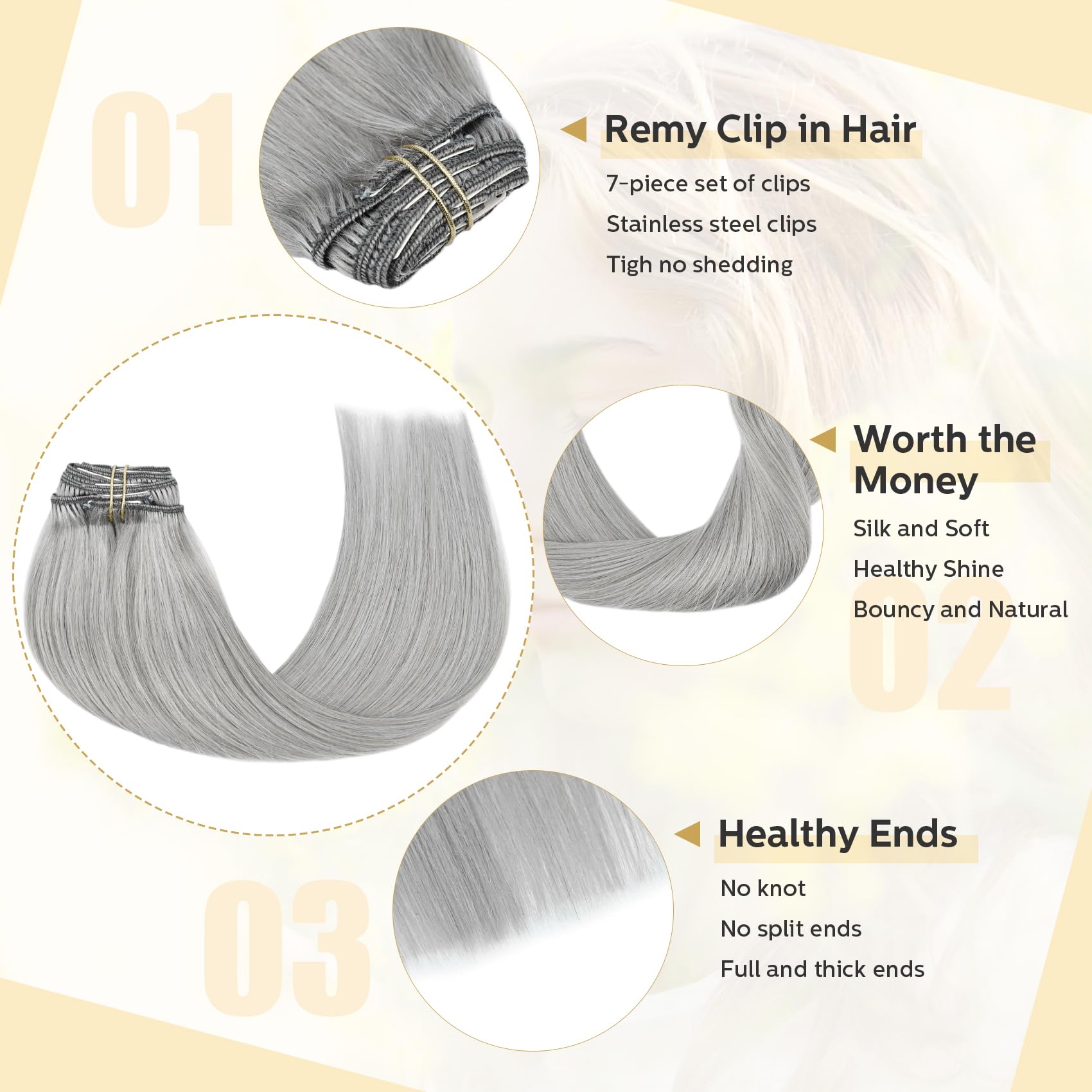 Amazon.com : VARIO Silver Gray Hair Extensions Real Human  display picture 2