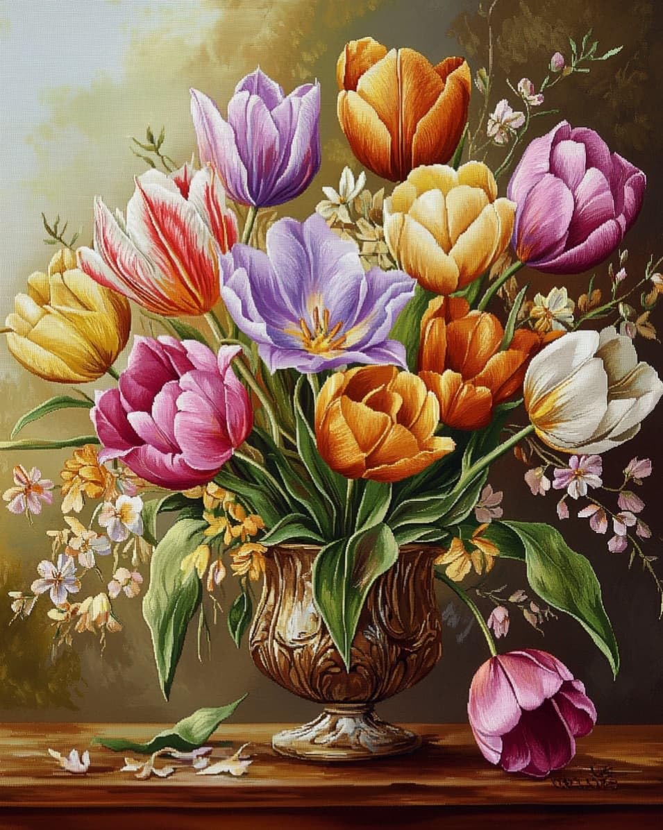 WallustrioaW DIY 11CT Stamped Cross Stitch Kits for Beginners,Tulip Vase,Easy Needlepoint Embroidery Cross Stitch Art Craft for Wall Decoration,40x50cm