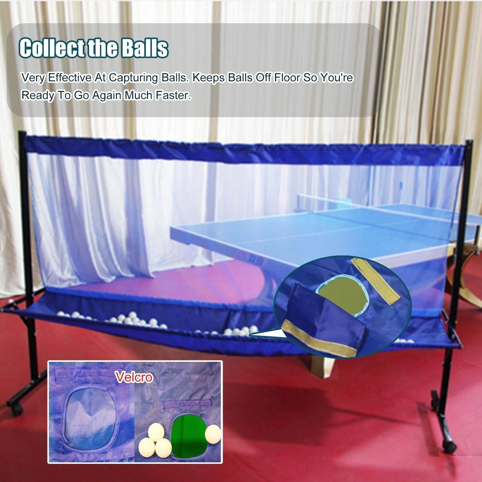 Rete di cattura palline da ping pong con ruote, rete pratica per tavoli da ping pong e robot, sistema di fissaggio e raccolta facile