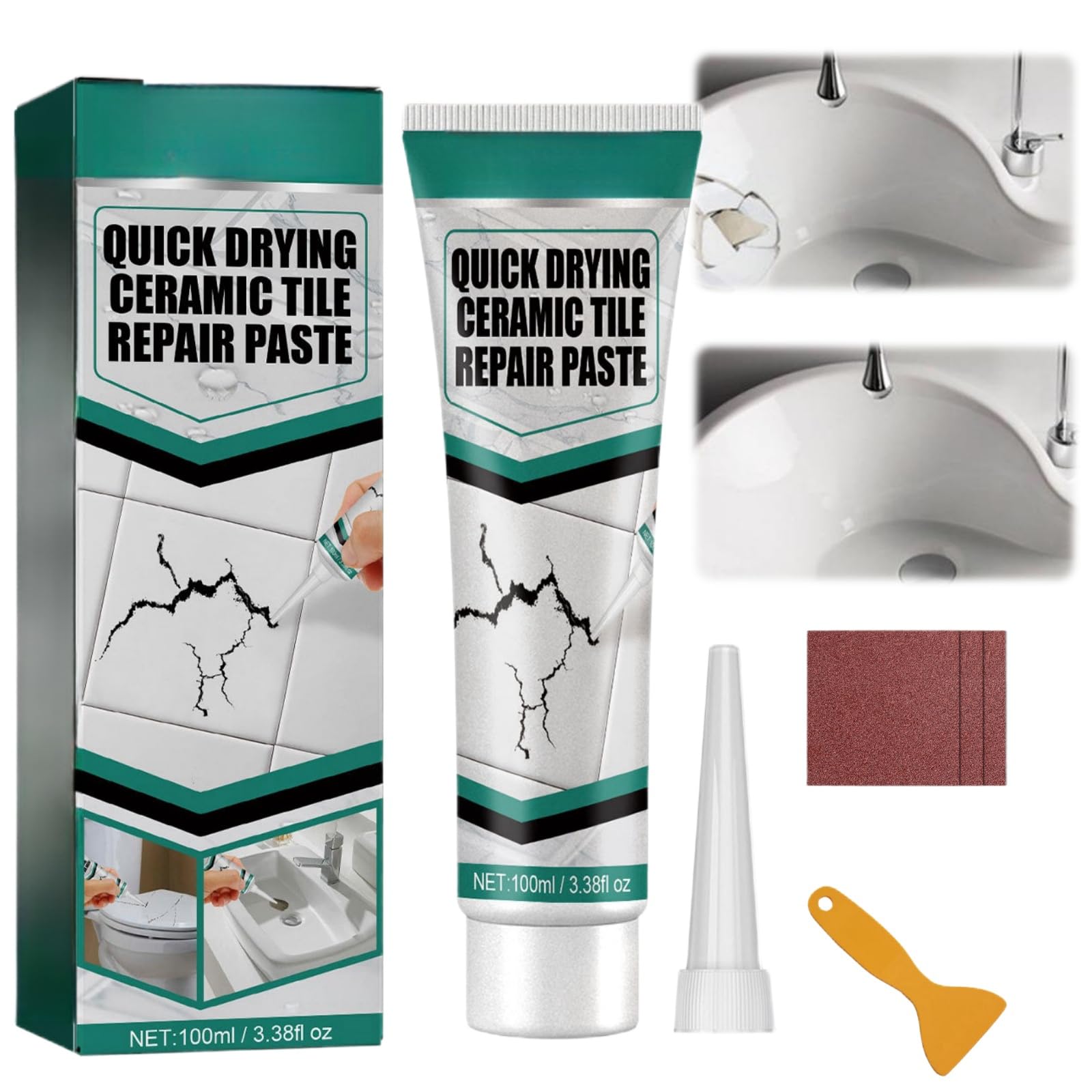 All-in-One Tile Repair Kit for Ceramic & Porcelain—Shower Tray Repair Kit,Bath Repair Ki/t White,Til/e Filler,Chip & Crack Repai/r Paste,Sink & Til/e Crack Restorer with Enamel Paint,100ml