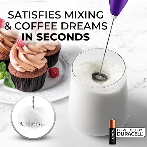 Vista 566 de Zulay Kitchen - Espumador de leche de mano con pilas AA Duracell: batidora de bebidas resistente para café, latte, capuchino y más, color aurora