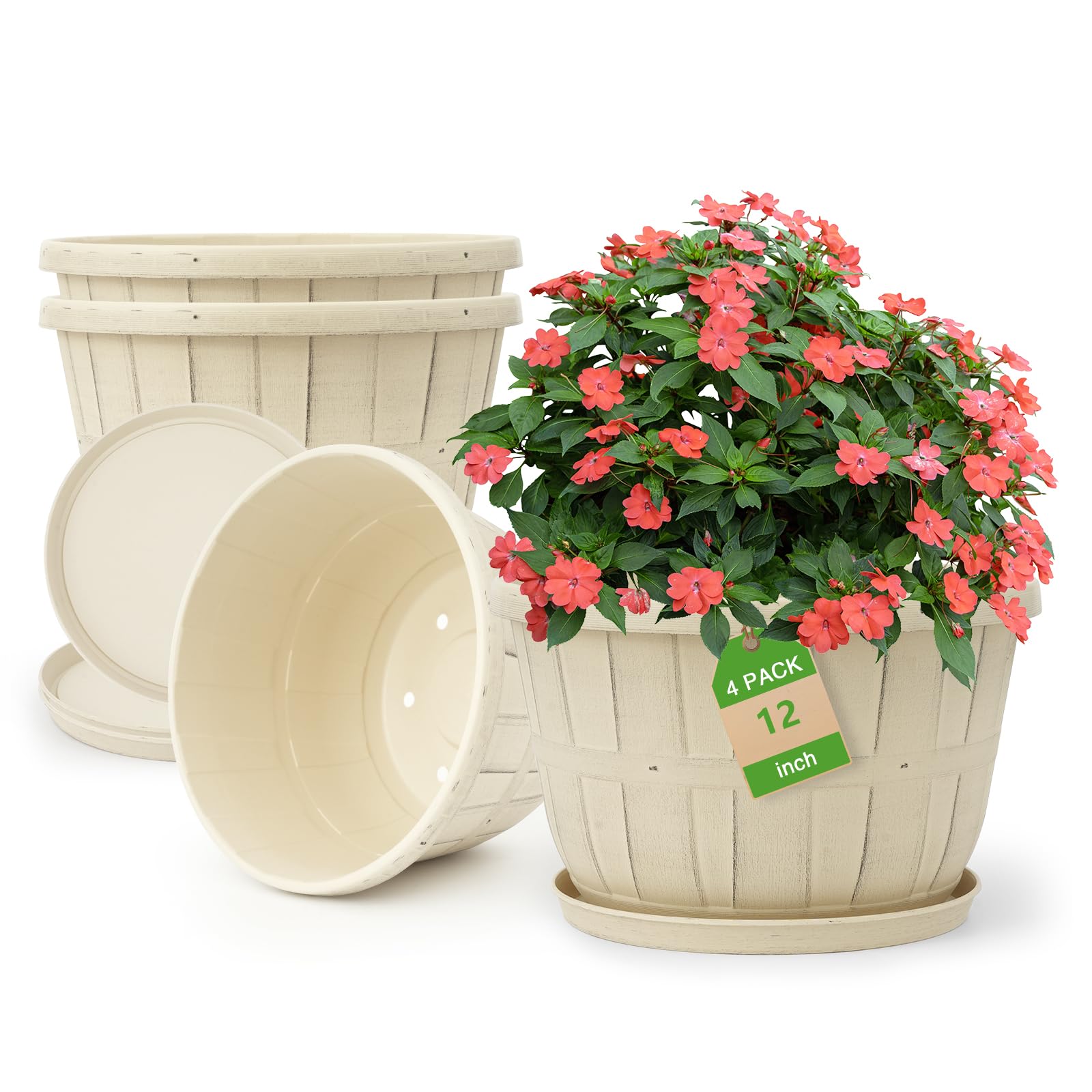 Quarut 12 Inch Large Planter Pot for Plants Indoor Outdoor, 4 Pack Plastic Flower Pots with Drainage Hole & Tray, Modern Decorative Garden Pot with Saucer, Plant Container for House ( Missing trays)