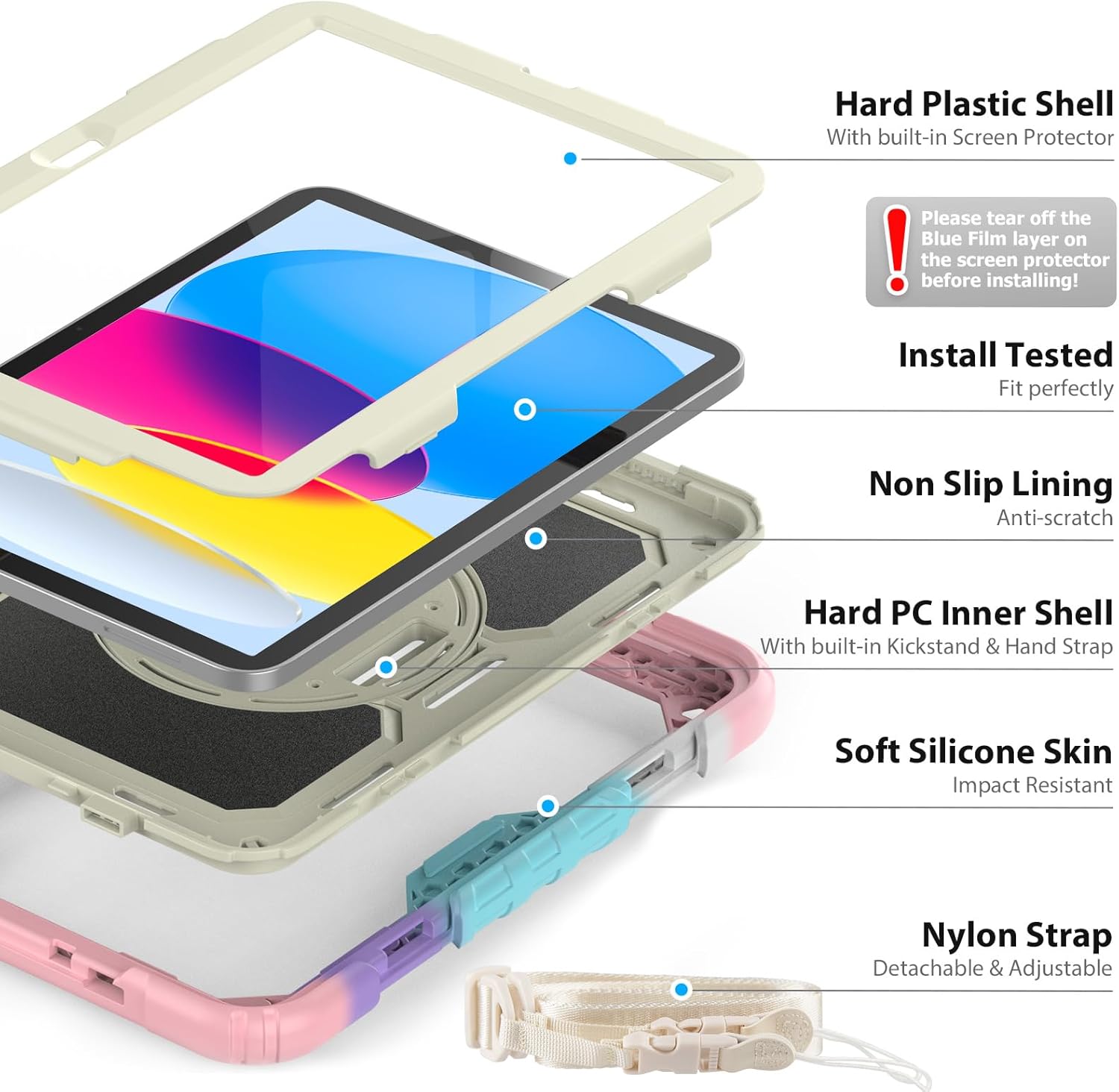 Sibeitu Case for iPad 11th A16 2025 & 10th Generation Case 10.9 Inch 2022 with Screen Protector, Heavy Duty Protective Cover with 360° Rotate Hand Shoulder Strap & Stand for iPad 11-inch/10th Gen