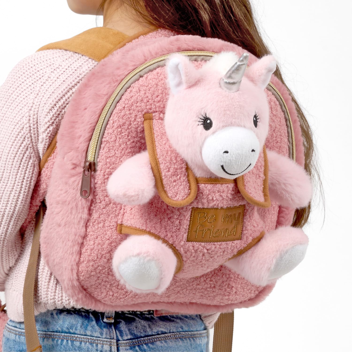 PERLETTI Sac à Dos Peluche pour Enfant 3 4 5 Ans - Mini Cartable Doux Mignon de Voyage et Doudou Animal École Maternelle - Petit Jouet et Sacoche Petite Fille Garçon Bébé - 27x21x9 cm (Licorne)