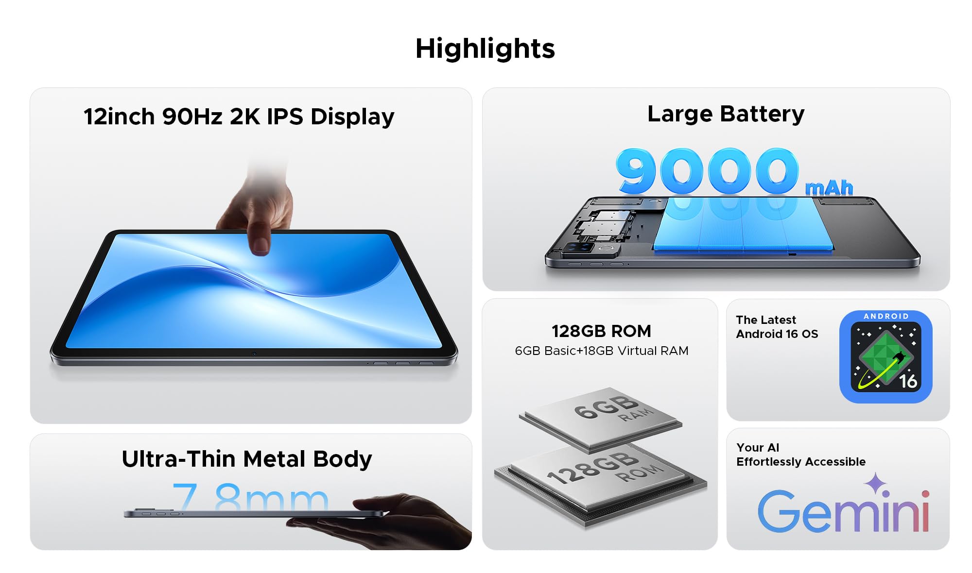 U12 tablet z systemem Android 16 AI, wyświetlacz 12" 2K FHD+ (metalowa obudowa 7,8 mm), 24 GB + 128 GB (2 TB zewnętrzne), akumulator 9000 mAh, tablety z systemem Android 5G WiFi, Gemini AI, kamera AI