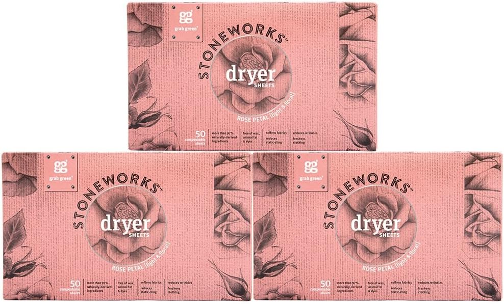 Grab Green Stoneworks Dryer Sheets, Naturally-Derived & Compostable, Free of Wax & Animal-Derived Ingredients, Rose Petal, 50 Sheets, 3-Pack